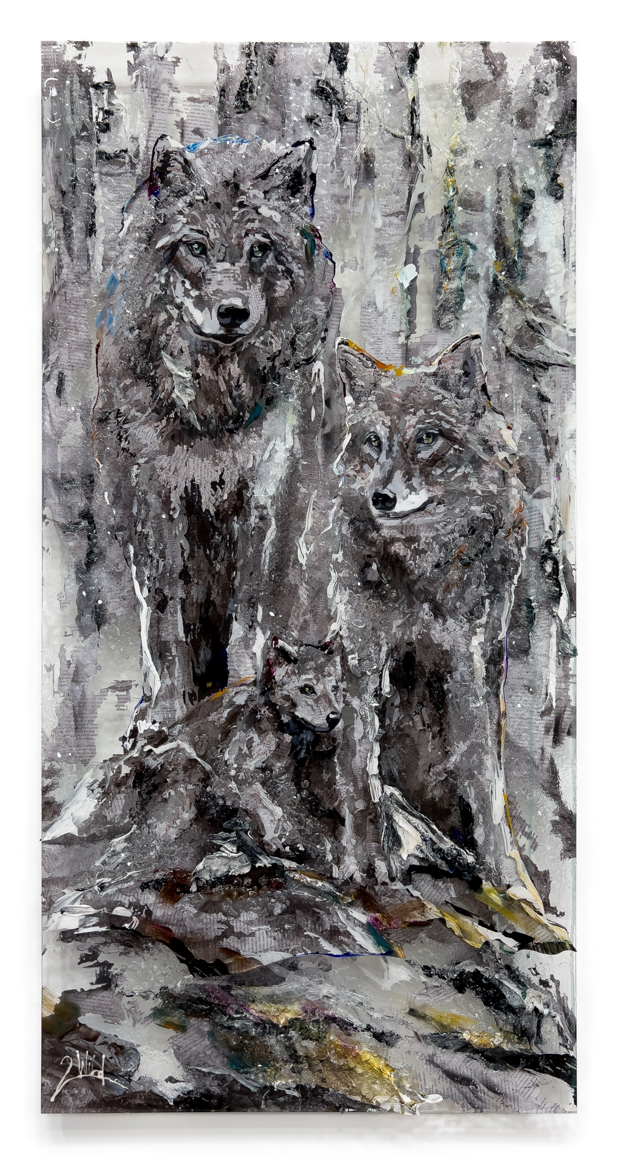 'Watchful Hearts (A/P 2/5)' - Digital print, acrylic hand embellishment, textural clay, shattered glass, diamond dust, and resin on layered laser-cut plexiglass - 43 x 21.5 in