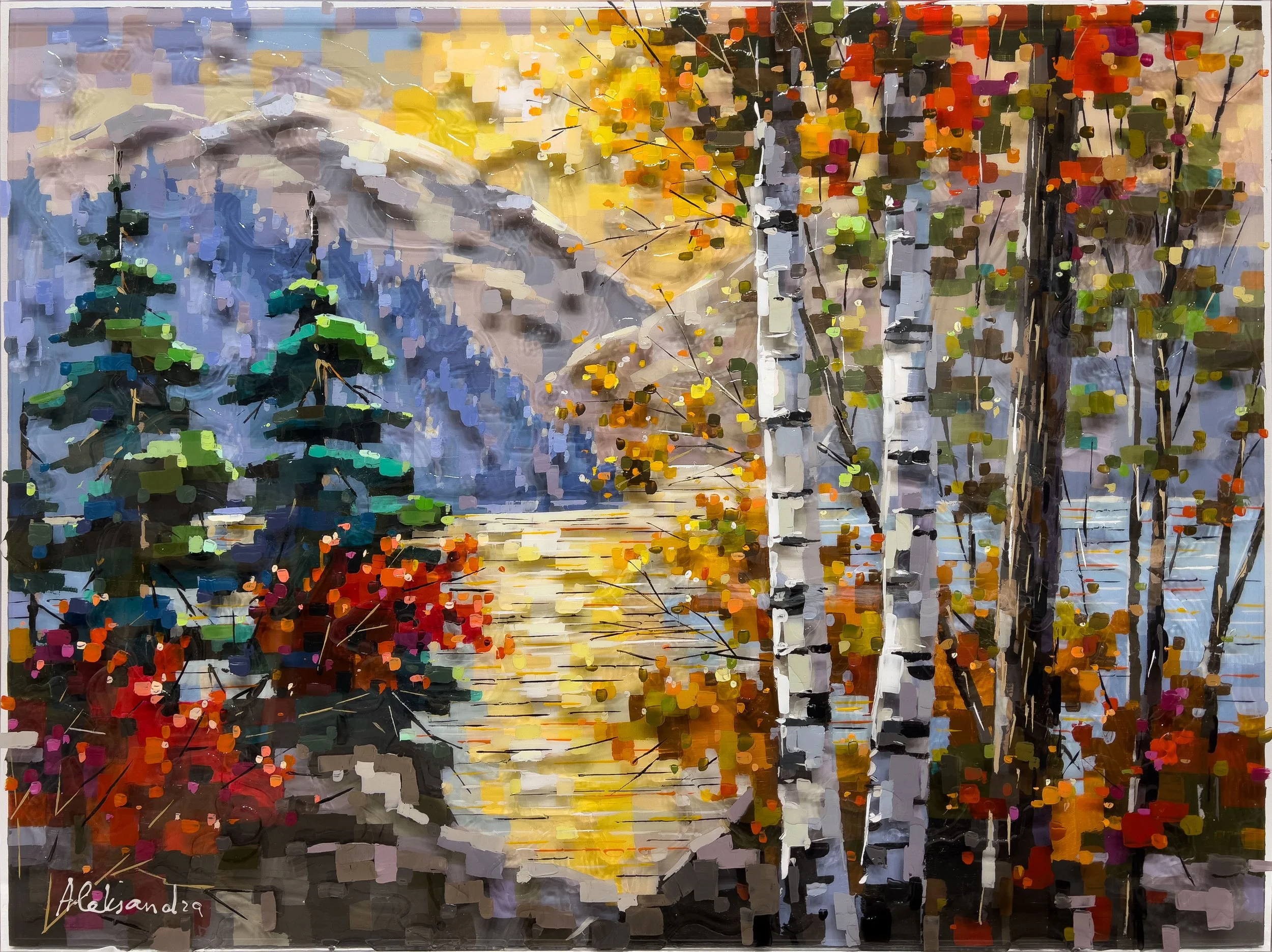 'Golden Reflections' - Acrylic and resin on layered plexiglass and wood panel - 36 x 48 in