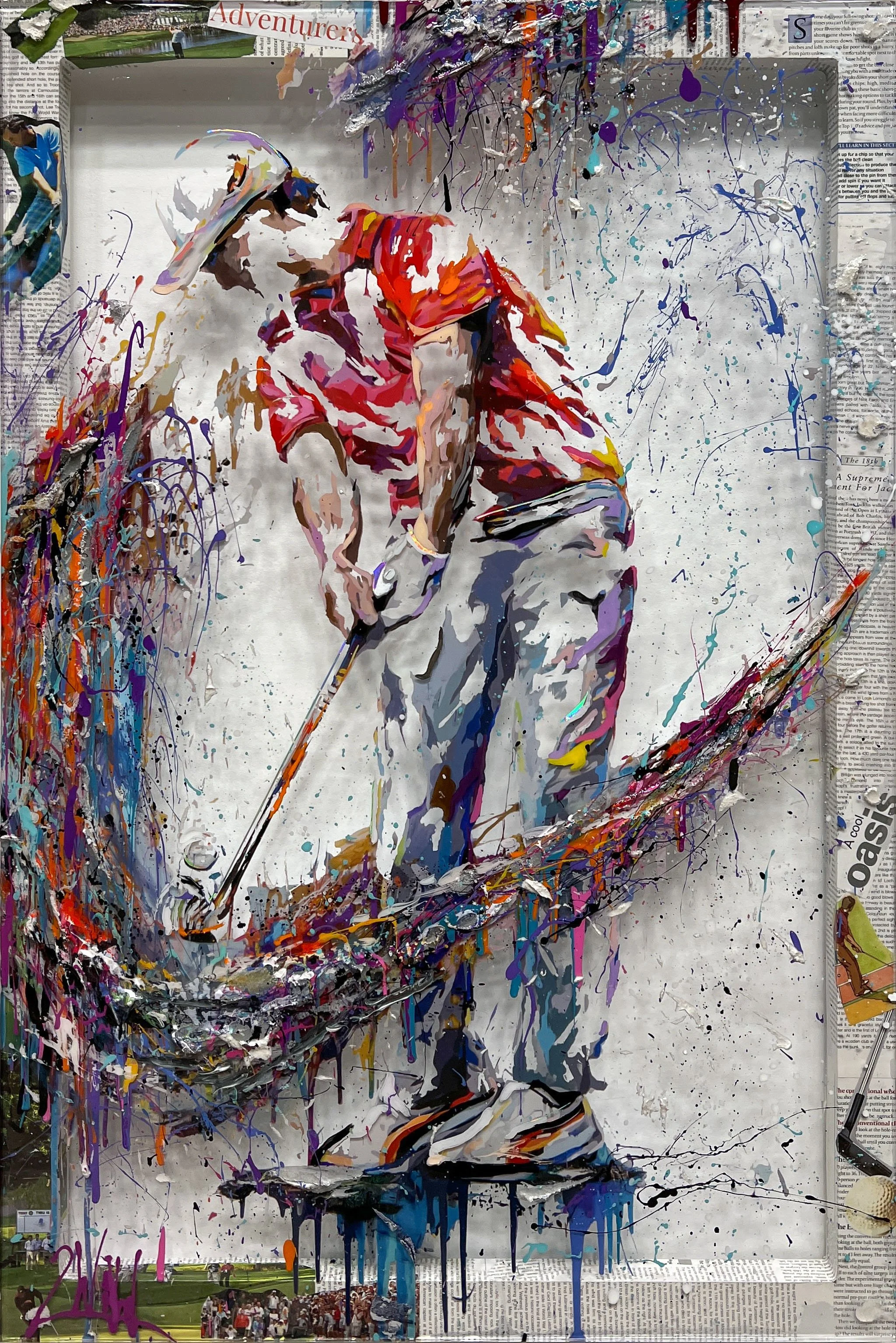 " Golfing Afternoon (34/49) "
Limited edition hand-embellished, resined, and textured print on plexiglass with collaged frame - 35.5 x 23.5