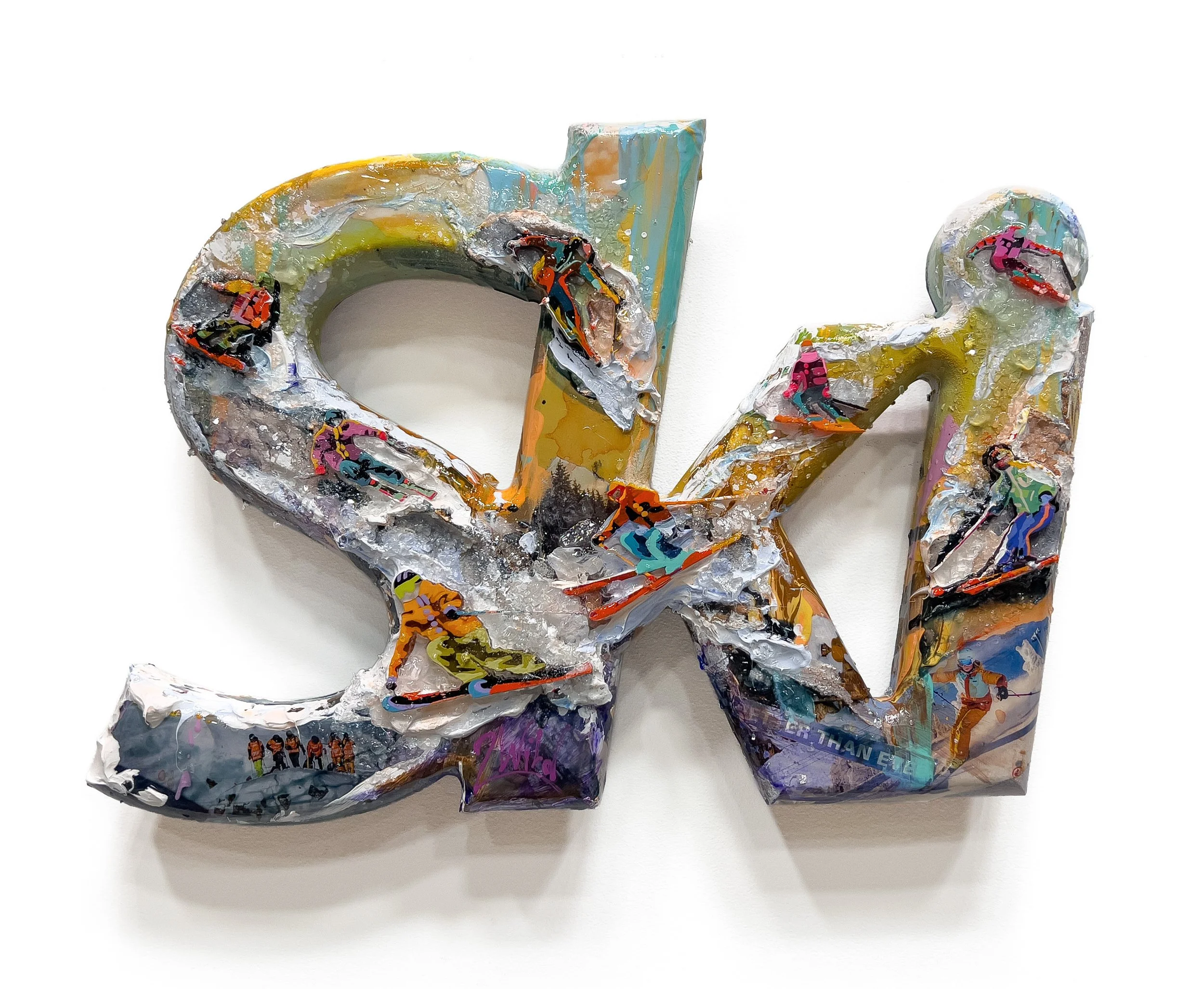 'Dancing on Snow' - Laser-cut plexiglass, shattered glass, textural clay, media collage, acrylic and resin on machine-carved wood - 10.25 x 14.5 in