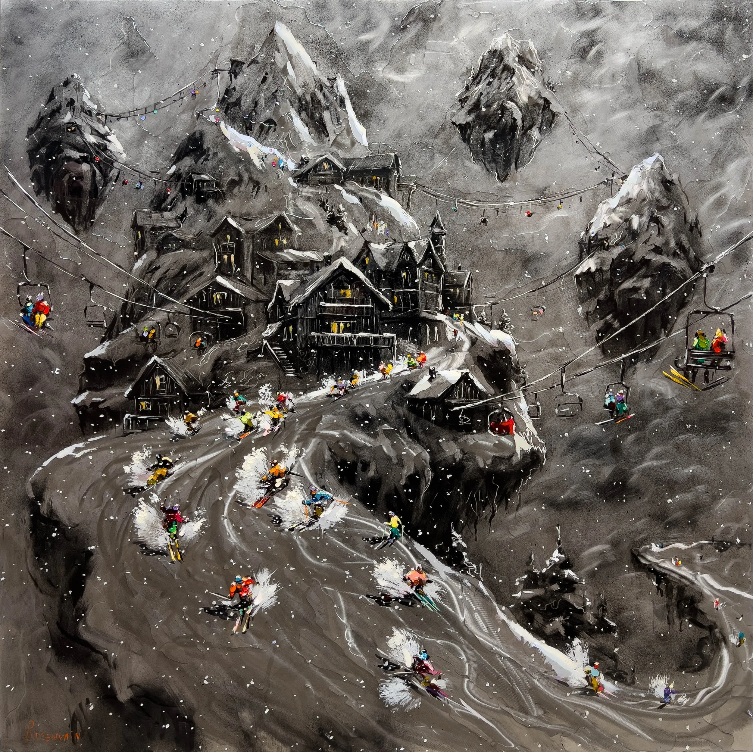 'Infinite Adventure' - Hand engravings, oil paint, and resin on brushed stainless steel - 48 x 48 in