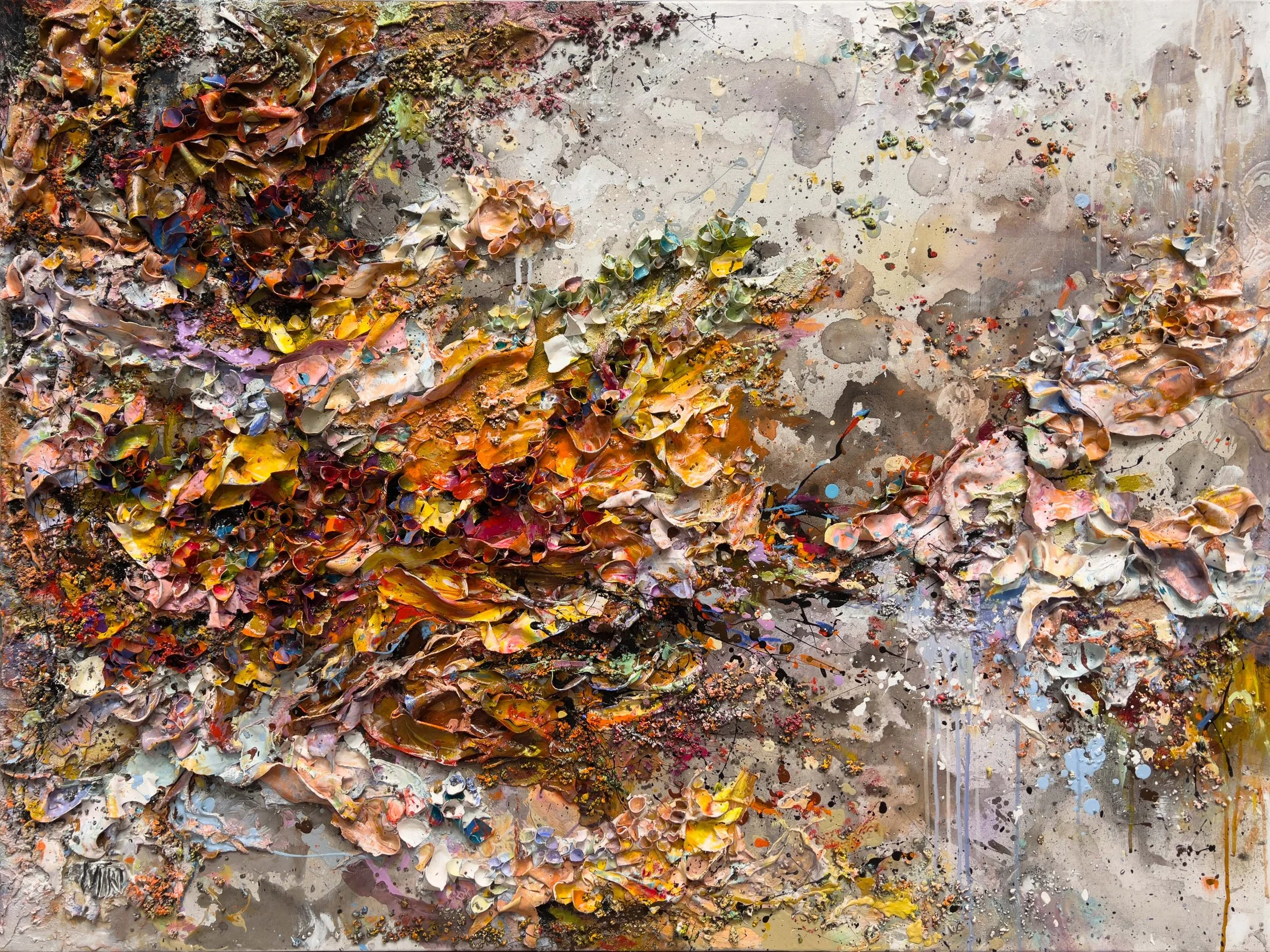 'Sweet as Sunrise' - Molded acrylic, clay relief, natural stone, and acrylic paint on canvas - 36 x 48in