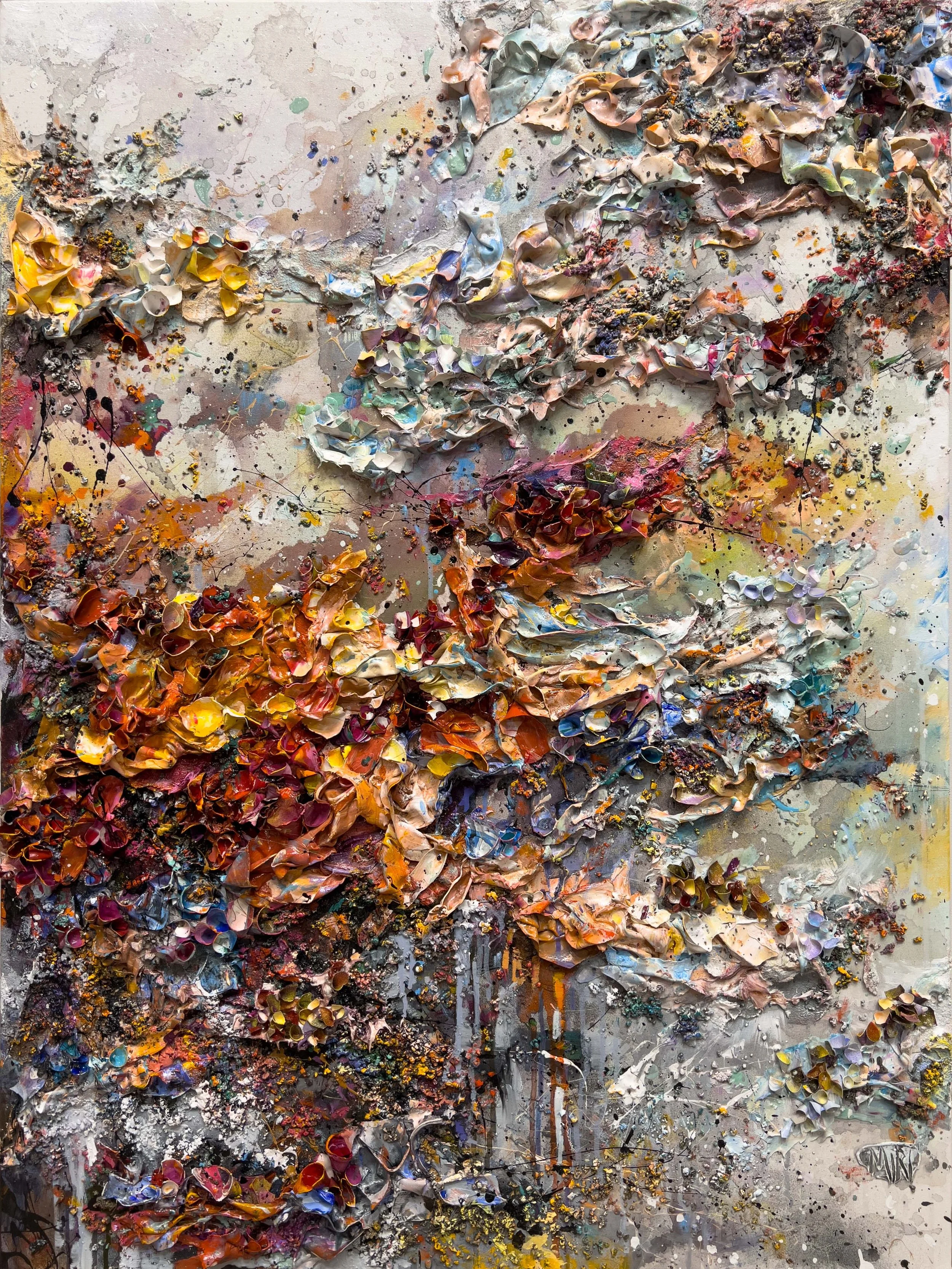 'Songbirds and Late Summer Blooms' - Molded acrylic, clay relief, natural stone, and acrylic paint on canvas - 40 x 30 in