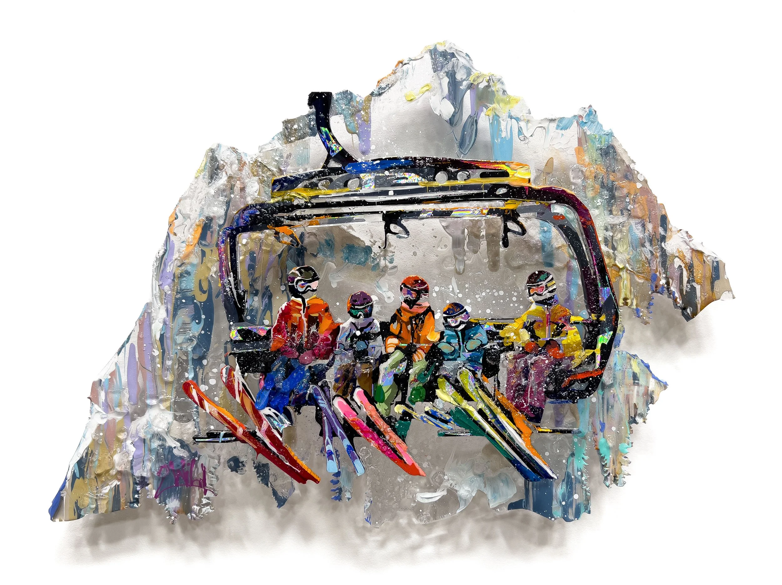 'Up We Go' - Acrylic, textural clay, shattered glass, diamond dust, and resin on layered laser-cut plexiglass - 12.25 x 17.5 in