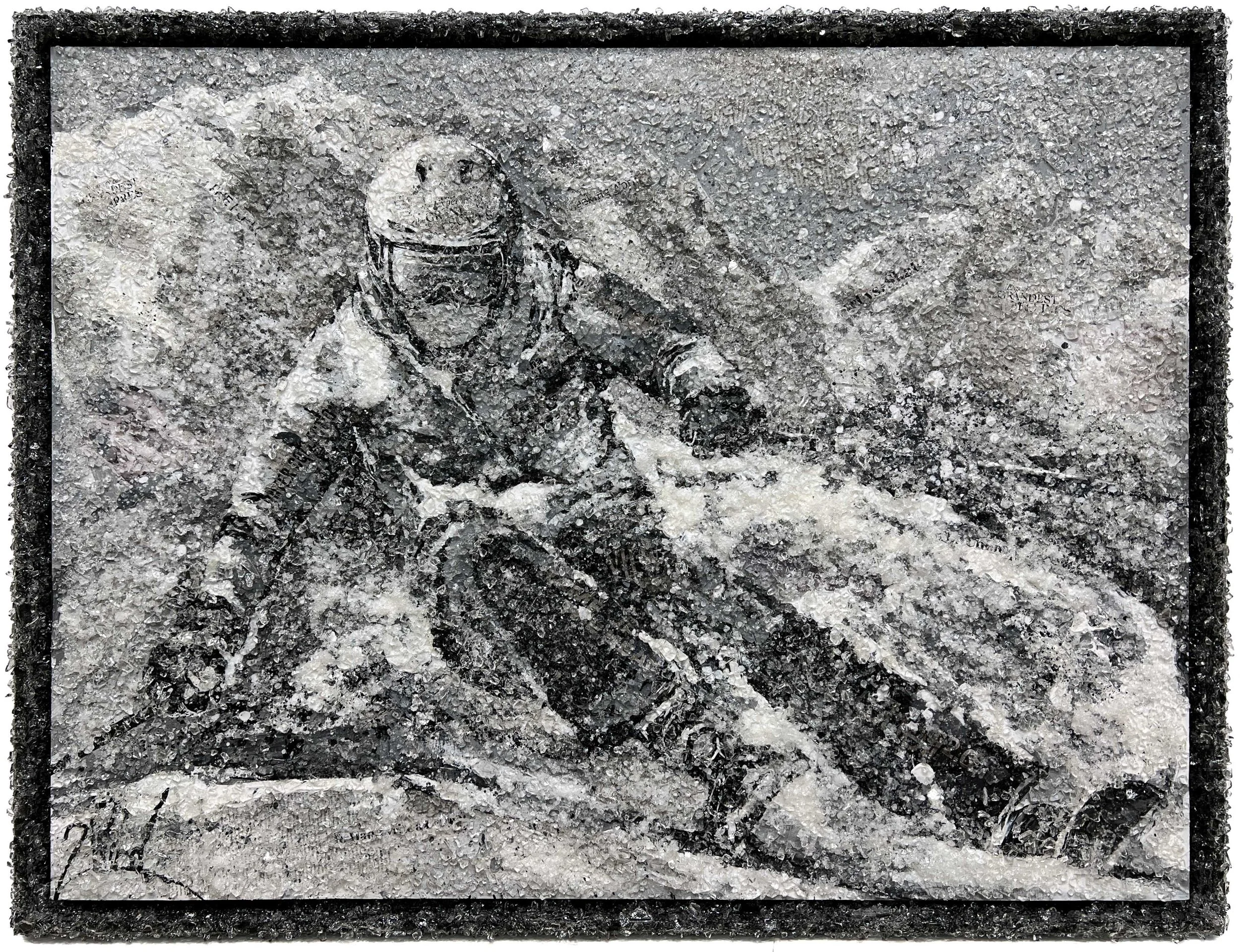 " Slope-Side Action " Collage, Shattered glass, Resin on Panel. Framed. 36 x 48 in