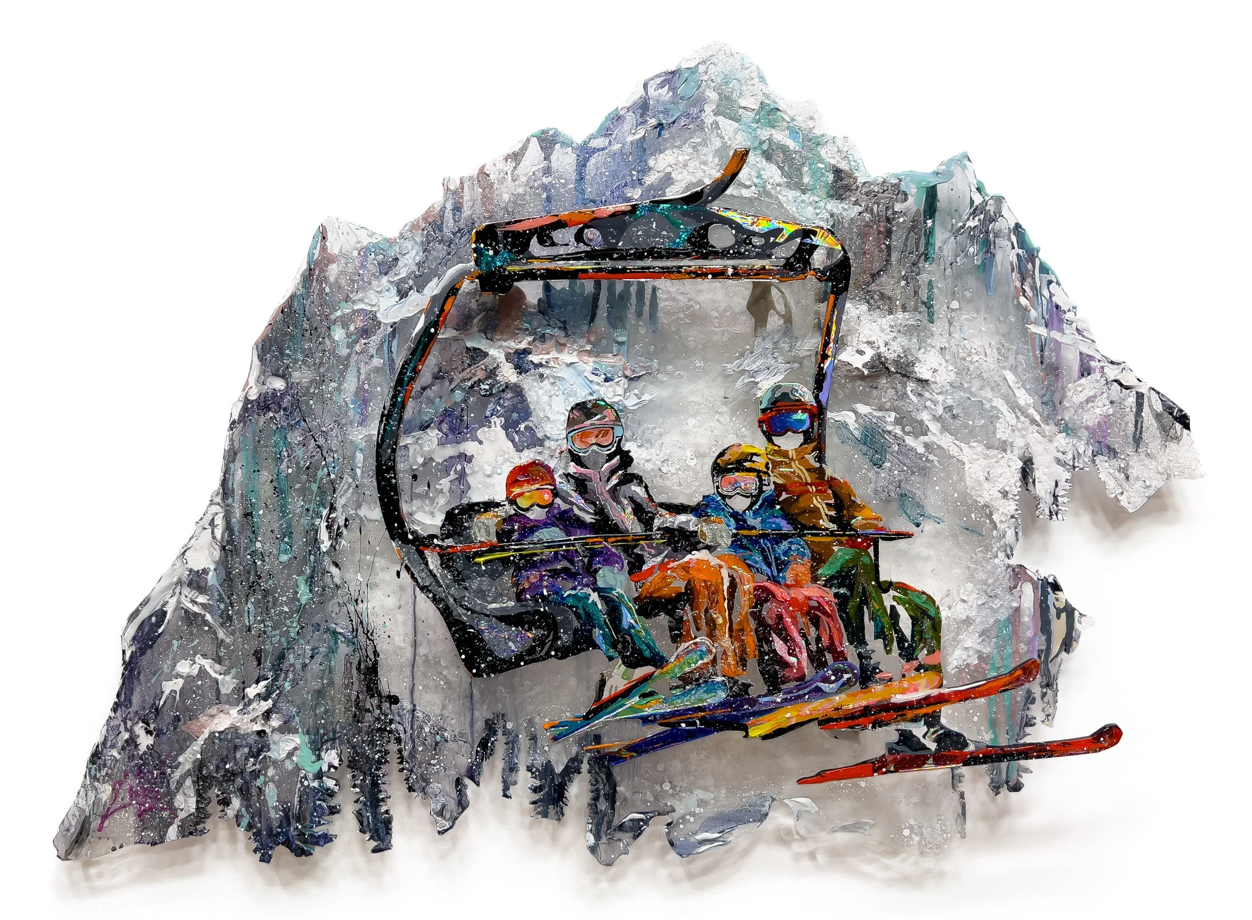 'Journey to the Peak' - Acrylic, textural clay, shattered glass, diamond dust, and resin on layered laser-cut plexiglass - 21.25 x 30 in