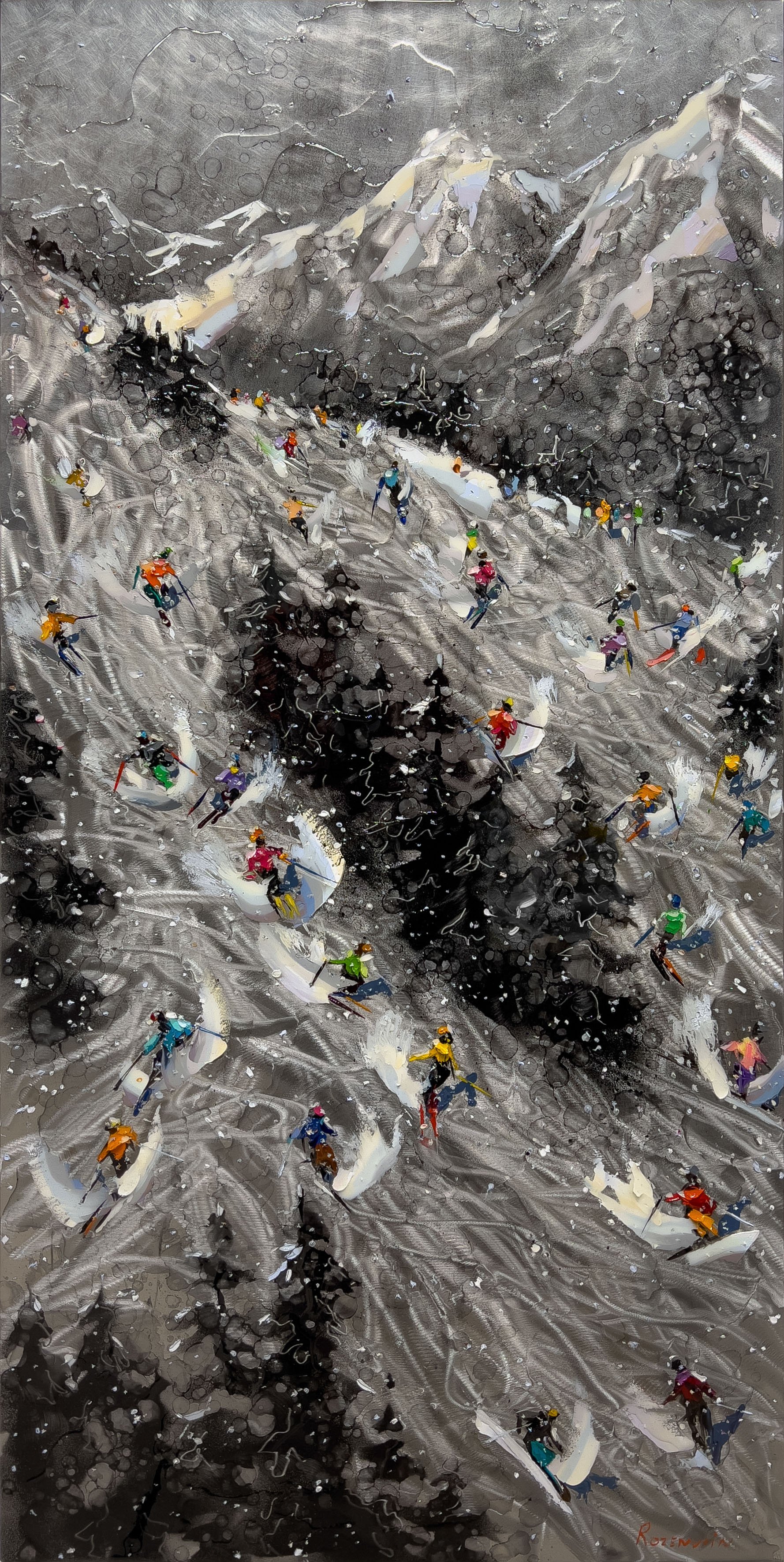 'A Symphony on the Slopes' - Oil and resin on engraved stainless steel - 48 x 24 in