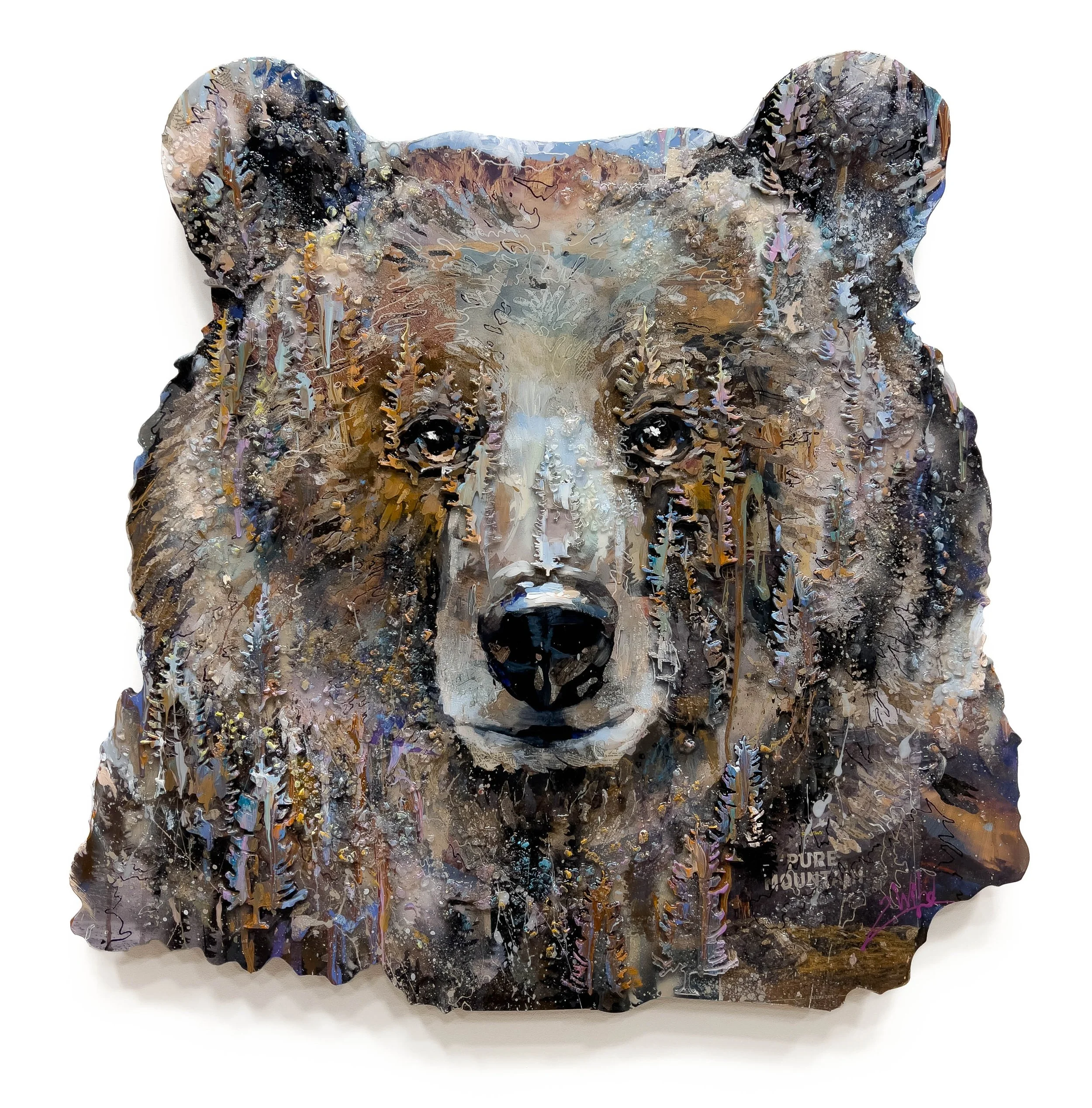 'Guardian of the Mountain' - Acrylic, laser-cut plexiglass, shattered glass, media collage, and resin on machine cut and carved panel - 34.5 x 35 in