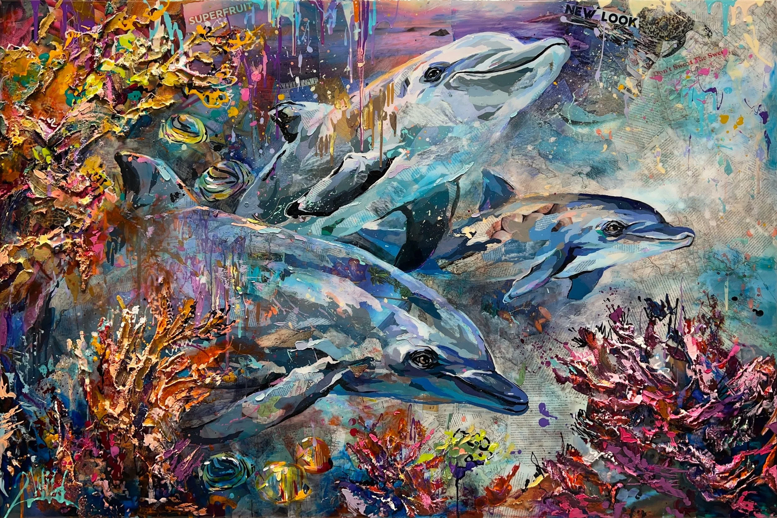 "Adventurous Pod" - Acrylic, textural clay, media collage, and resin on panel - 40 x 60 in