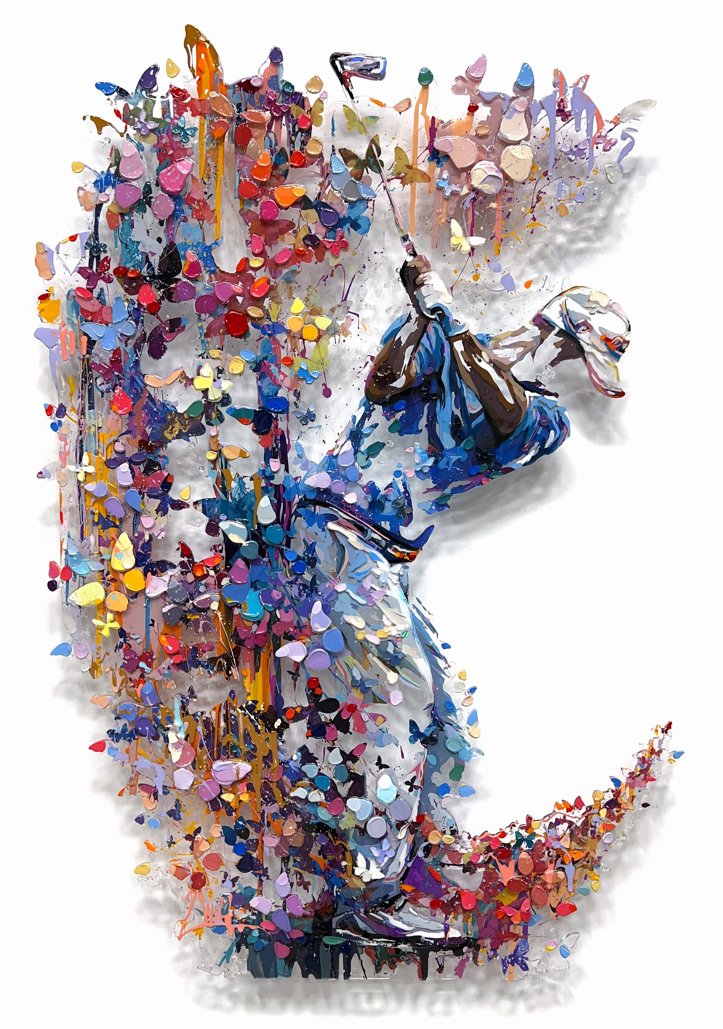 “Swing of Happiness (19/49)” - Limited edition. Acrylic hand embellishment, plexiglass butterflies, digital print, and resin on laser-cut plexiglass - 47 x 33 in