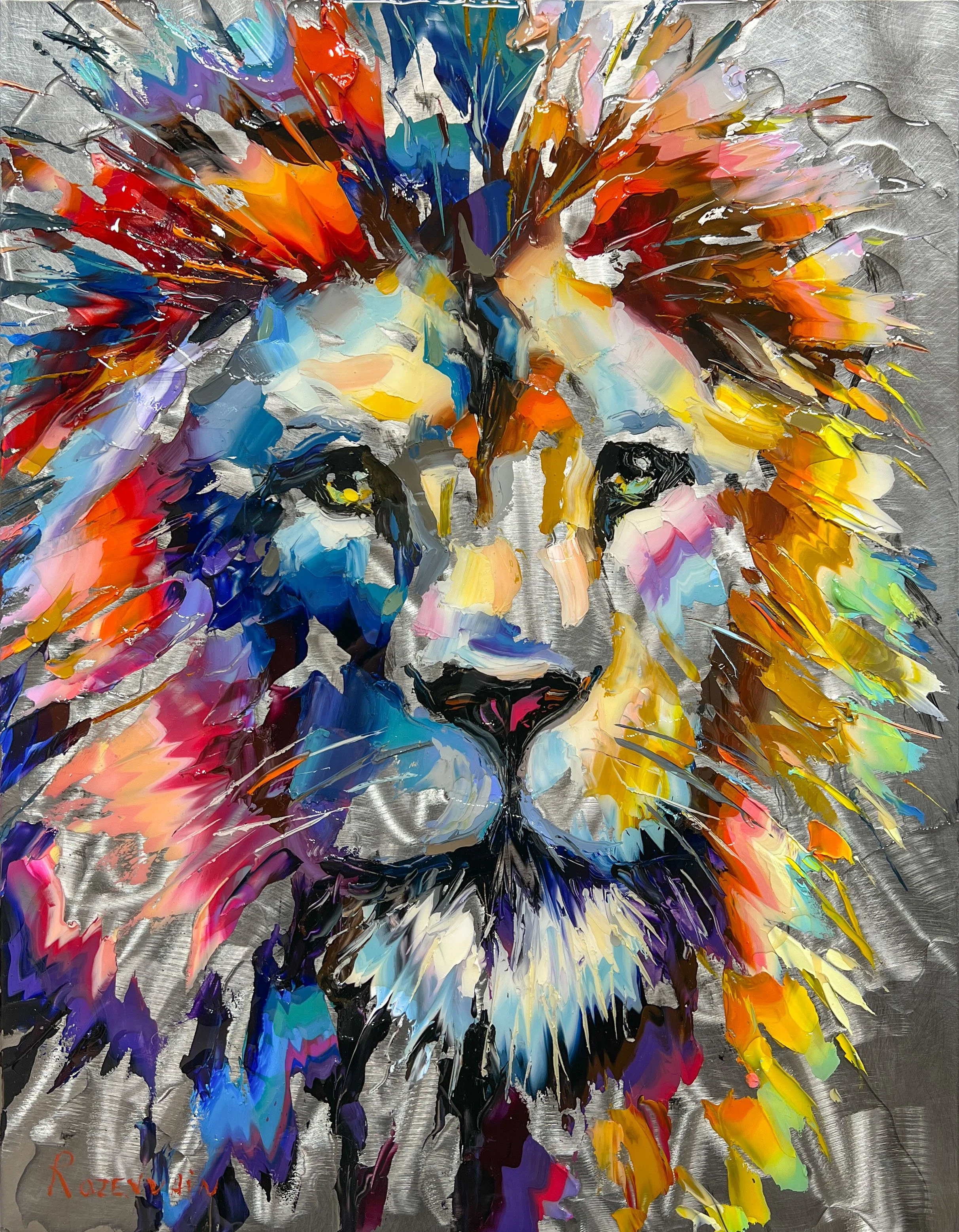 'The Watchful King' - Oil and resin on engraved stainless steel - 18 x 14 in