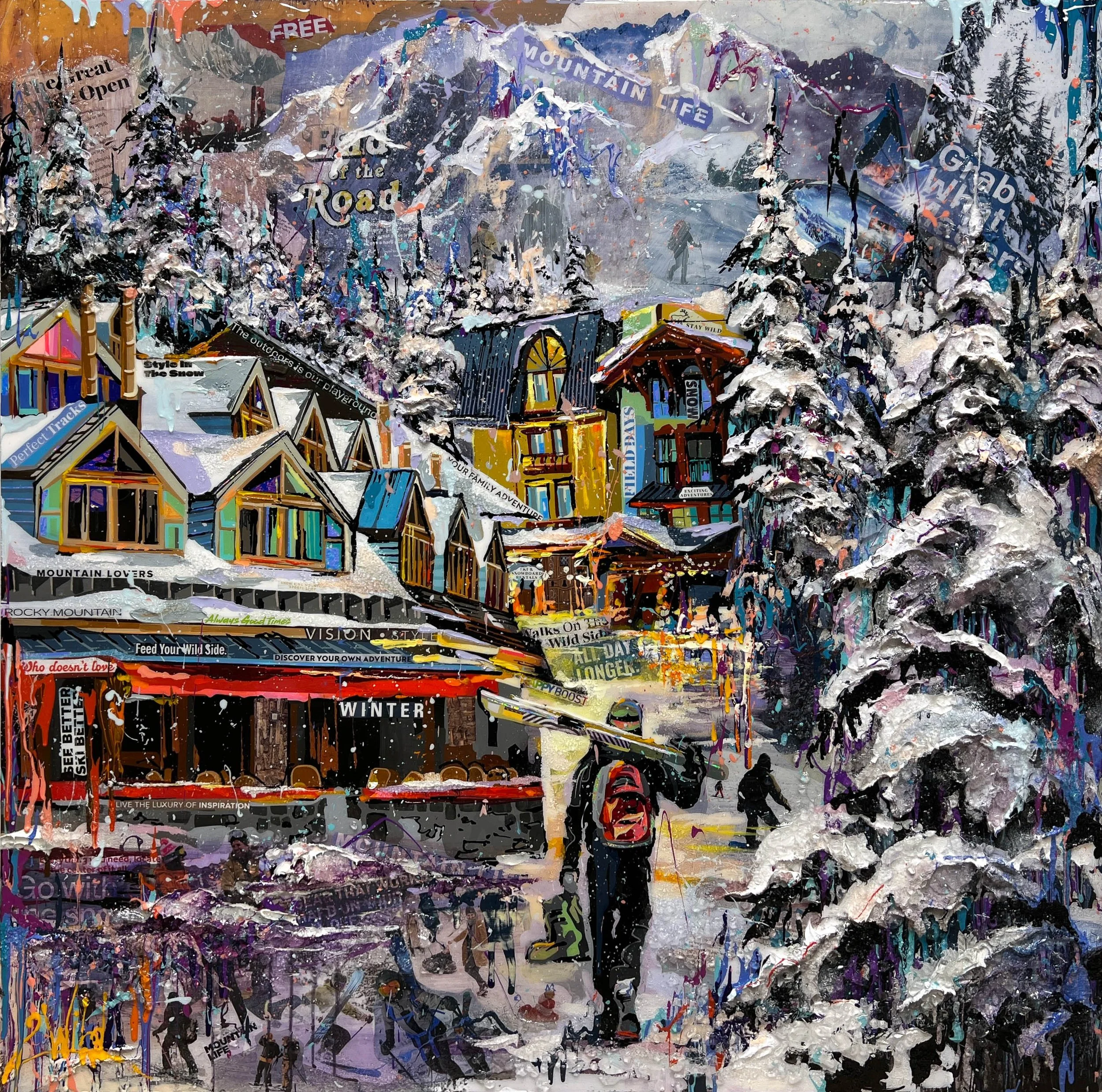 "Wild Mountain Days" - Media collage, acrylic, shattered glass, on panel - 40 x 40  *SOLD