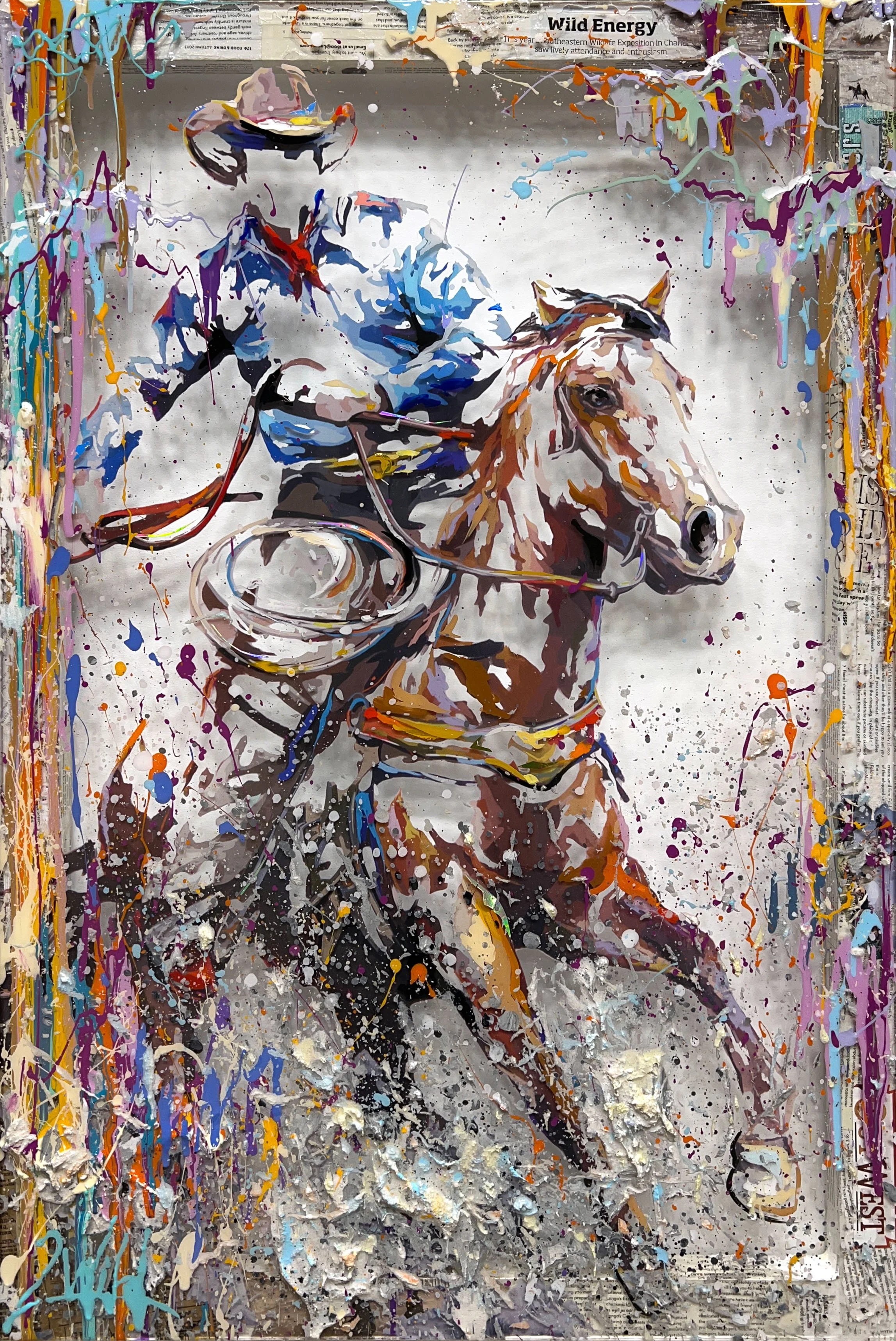 "Freedom Ahead (11/49)" - Limited edition hand-embellished, resined, and textured print on plexiglass with collaged frame - 35.5 x 23.5 in