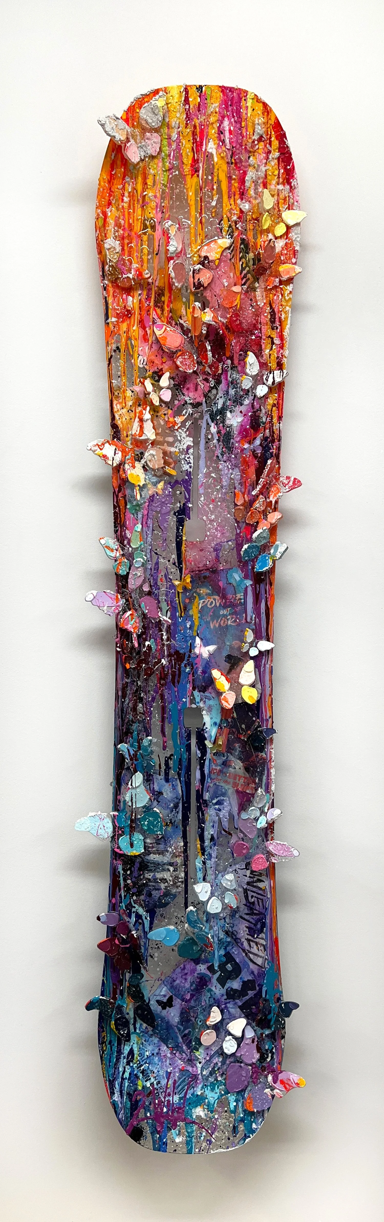 "Powder out of this World" - Bent plexiglass butterflies, shattered glass, media collage, acrylic, and resin on laser-cut plexiglass - 59 x 11 in