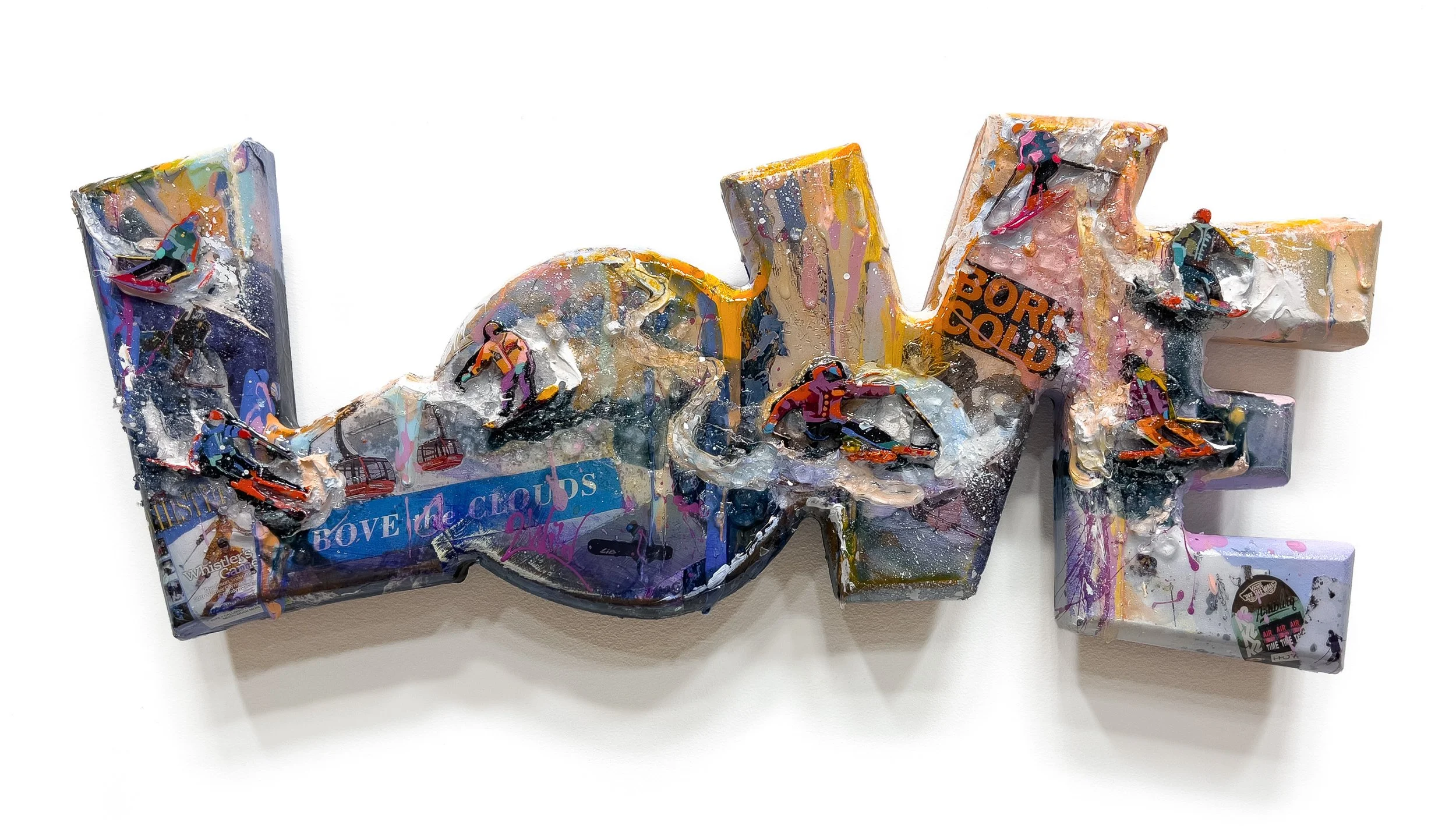 'Above the Clouds' - Laser-cut plexiglass, shattered glass, textural clay, media collage, acrylic and resin on machine-carved wood - 8.5 x 19.5 in