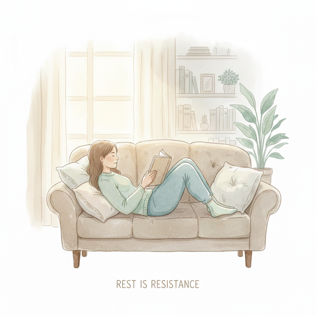 A soft watercolor illustration of a woman in comfortable clothing lying on a cozy couch, peacefully reading a book in a sunlit room. The text at the bottom reads "REST IS RESISTANCE," reflecting a trauma-informed approach to burnout recovery.