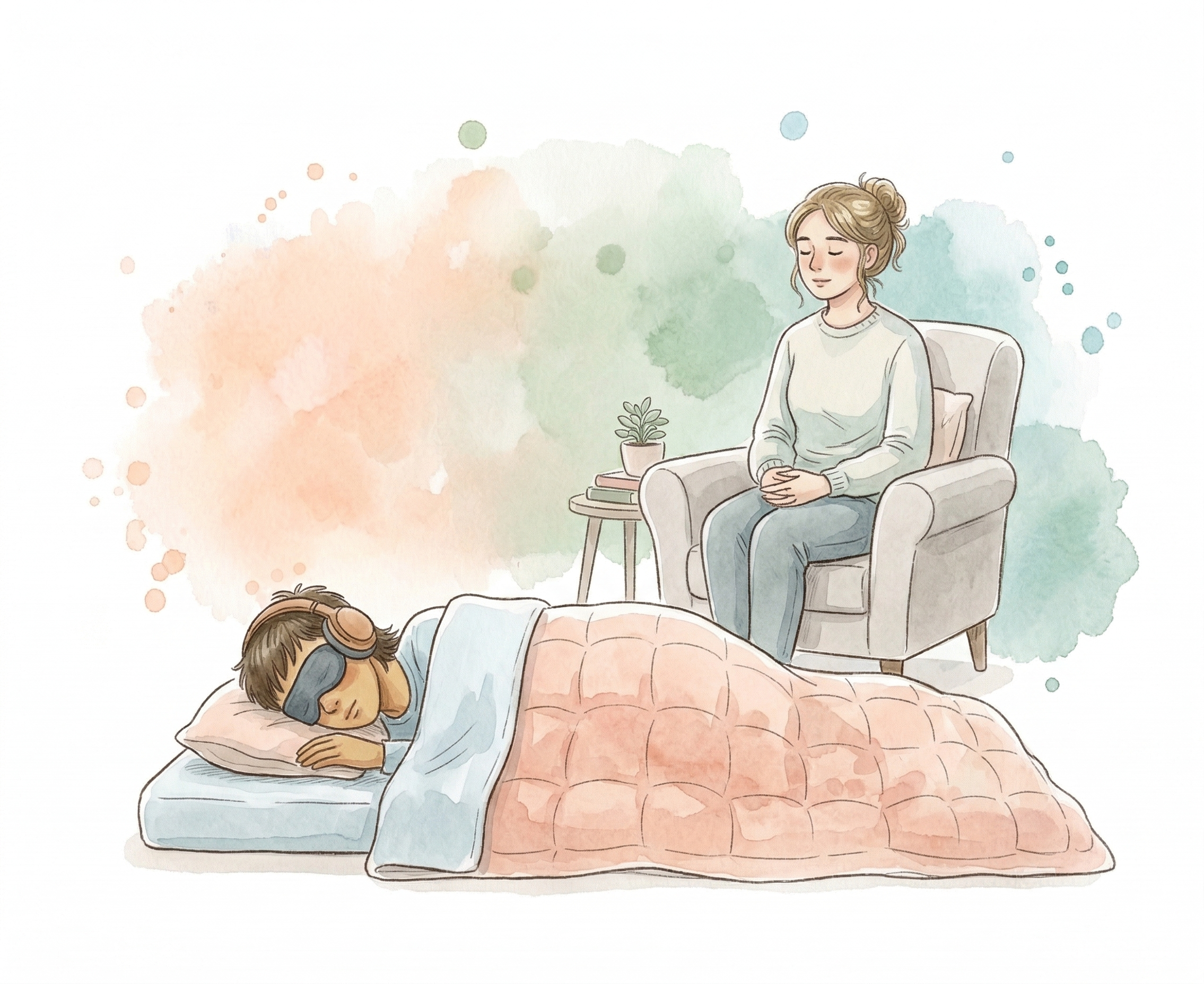 Illustration of a psychedelic-assisted therapy session with a non-binary client in a safe clinical setting with a therapist mindfully attending.