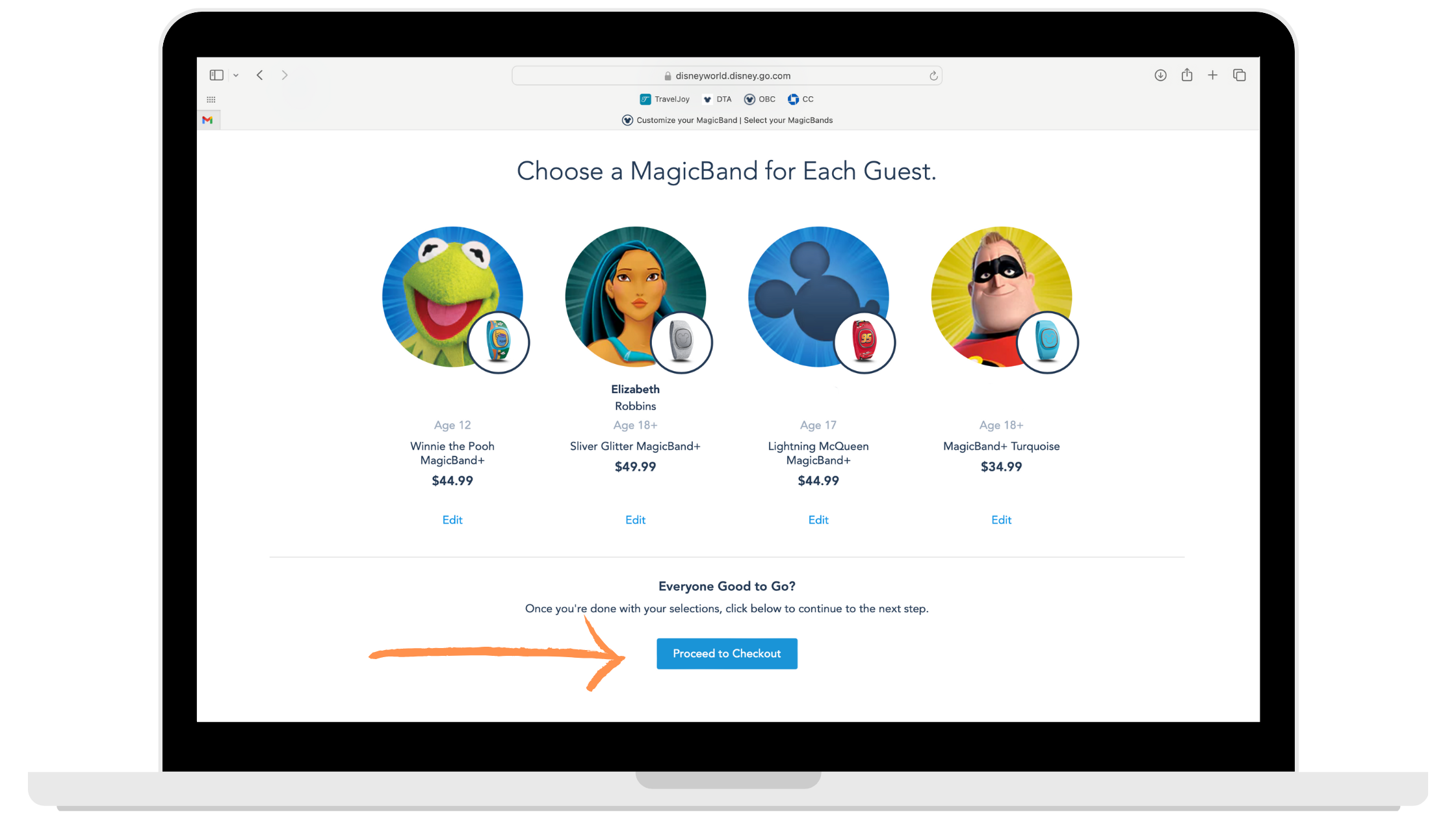 Reviewing everyone's MagicBand selections before checkout