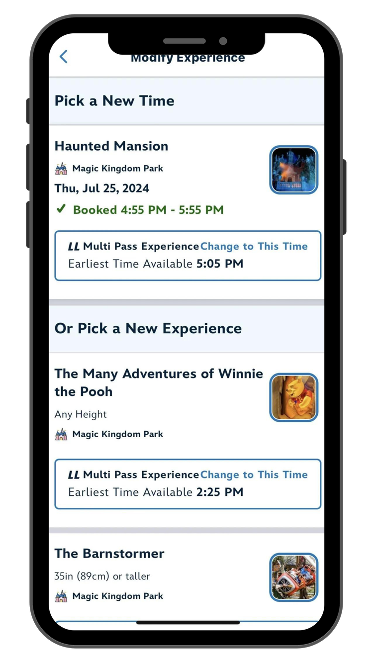 Disney app, modify your plans