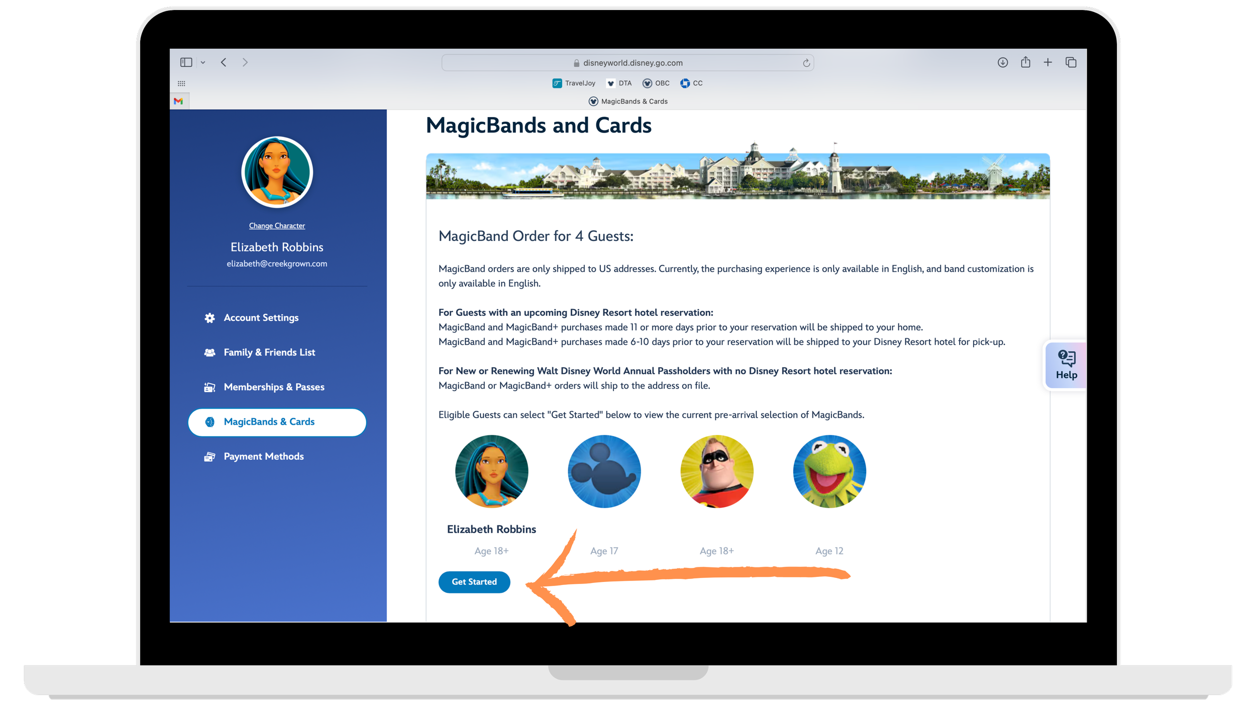 MagicBands and Cards ordering page