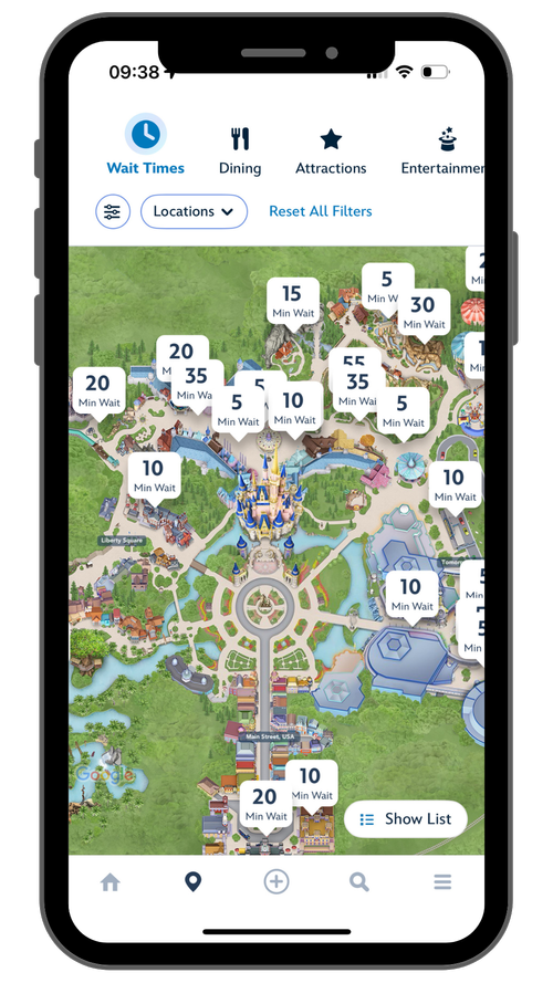 Magic Kingdom map with wait times in the app