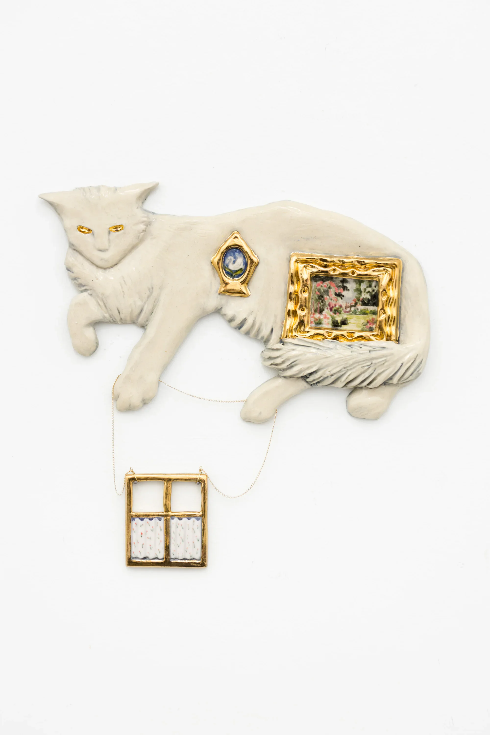 Indoor Cat Precarity
Porcelain, gold, goldfilled chain. 2026
photo courtesy of Paradigm Gallery