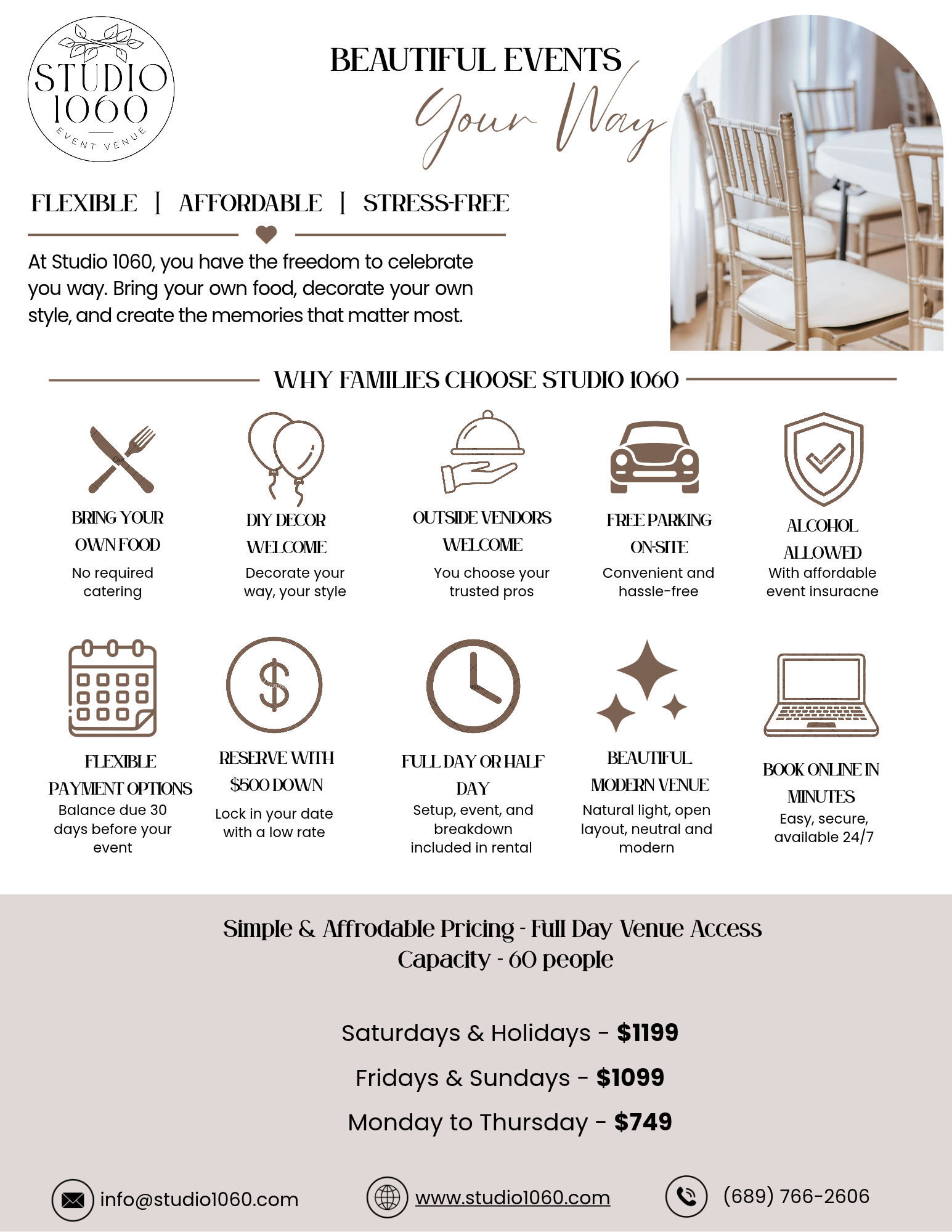 A flyer for Studio 1060 event venue highlighting flexible, affordable, stress-free celebration options, emphasizing outdoor vendors, free parking, and event insurance. It showcases a modern venue with natural light, booking options, pricing details, and contact info.