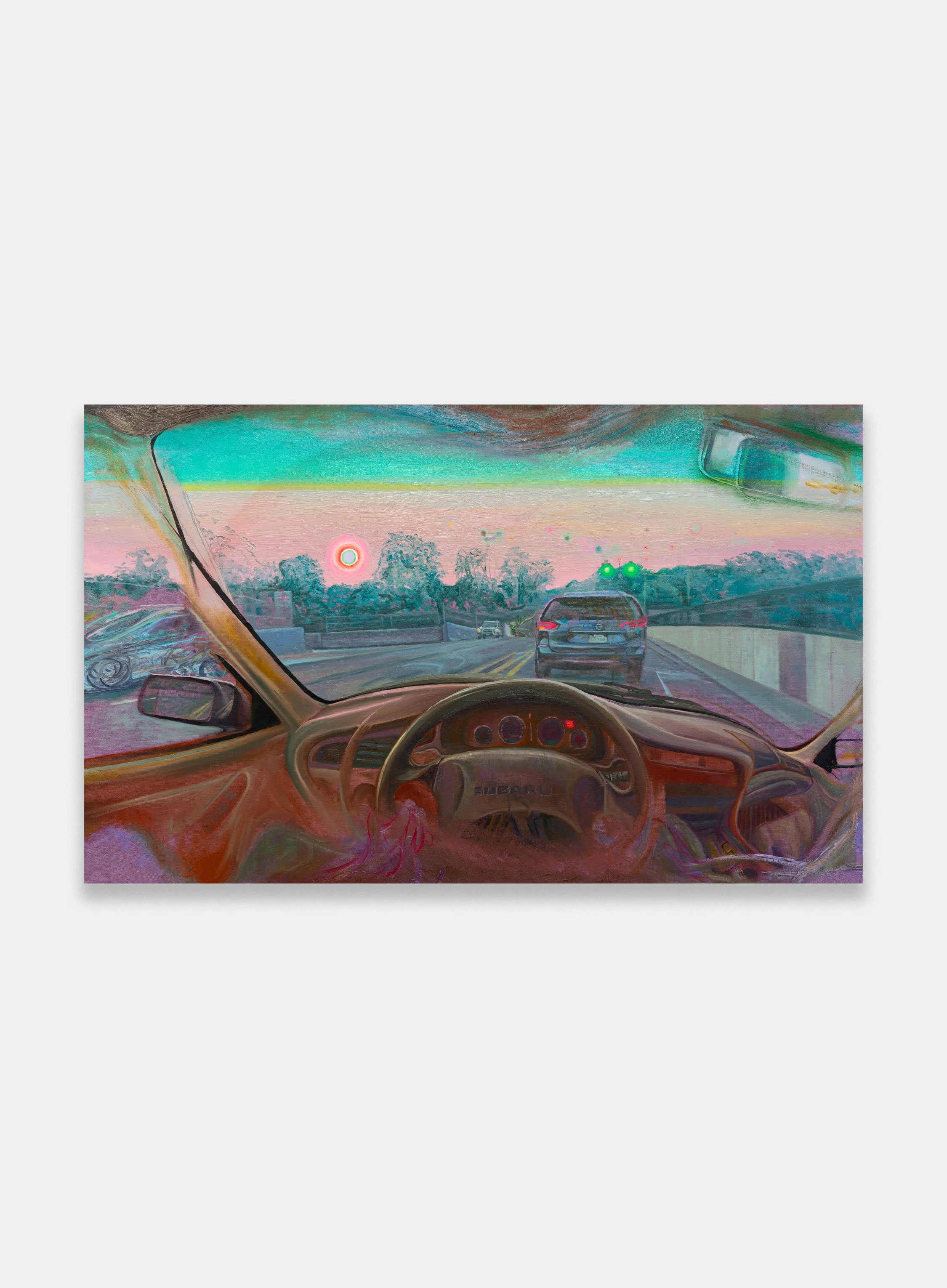 Dylan Vandenhoeck
Setting Sun with Entoptic Phenomena During the Canadian Wildfires in Sean’s Subaru, 2023-24
Oil on colored linen
25 x 41 inches