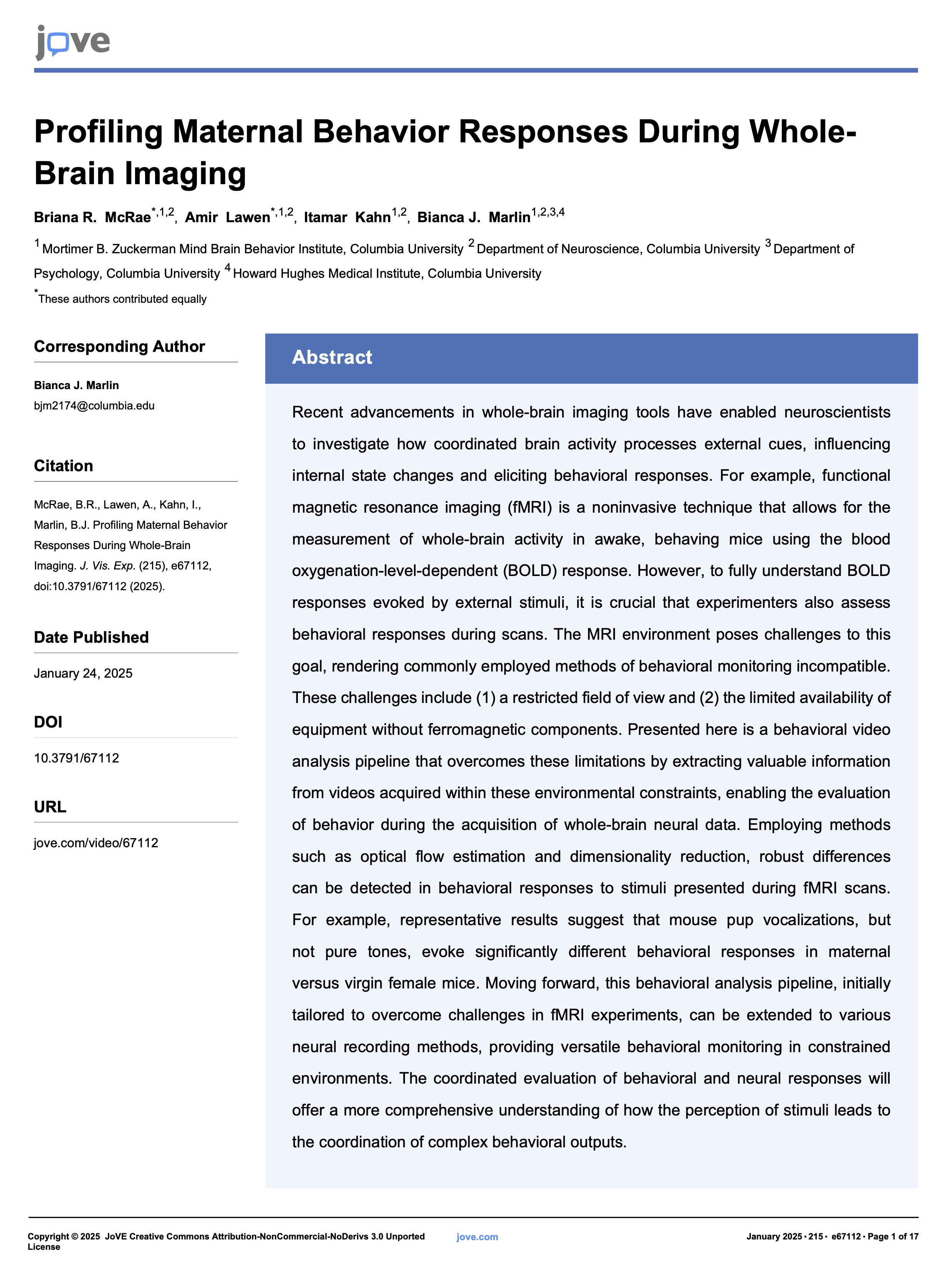 JoVE first page of Profiling Maternal Behavior Responses During Whole-Brain Imaging publication