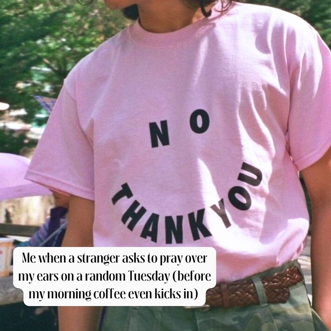 No thank you 💖🤭 Just some curated, relatable deafie moments for your Monday.

Accessibility Description:

A photo of someone wearing camo slacks, and a light pink tee that says &ldquo;No Thank You&rdquo; but the words are arranged in a smiley face 