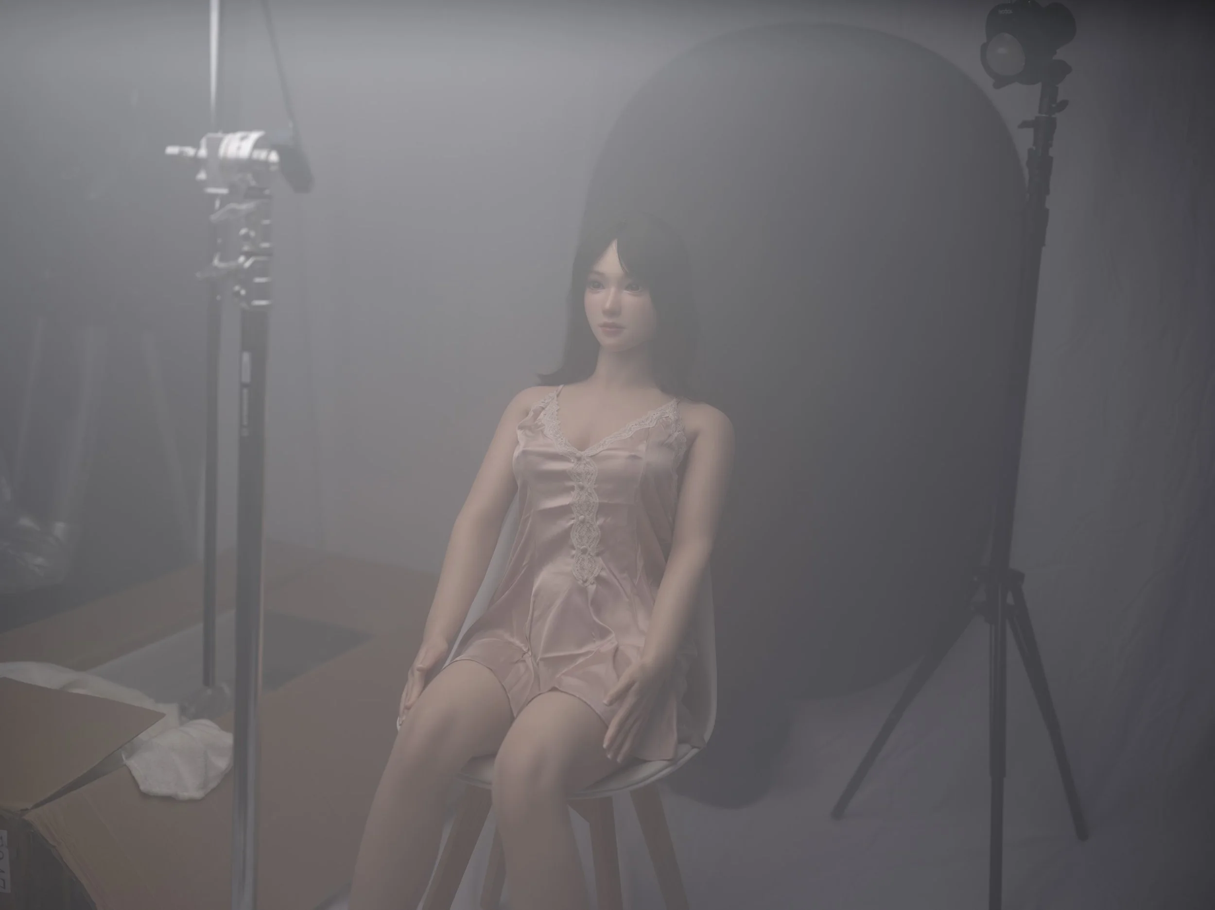 Silicone figure posed in a photography studio during a lighting test for pre-visualisation