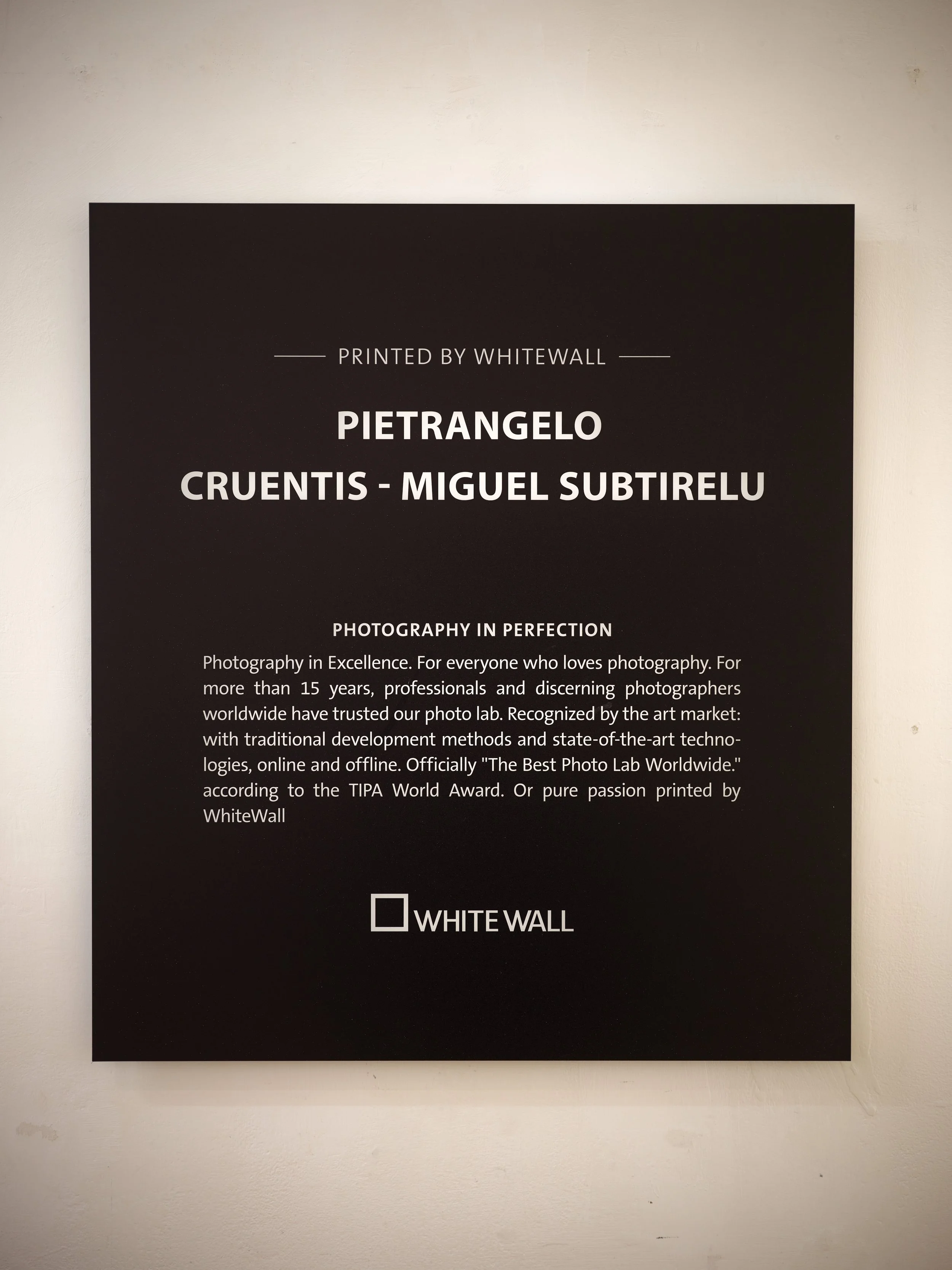 Black exhibition panel showing the names Pietrangelo and Cruentis Miguel Subtirelu with the WhiteWall logo at The Brick Lane Gallery in London