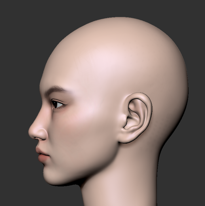 Side profile render of a custom silicone head sculpt showing the sculpted ear and jawline