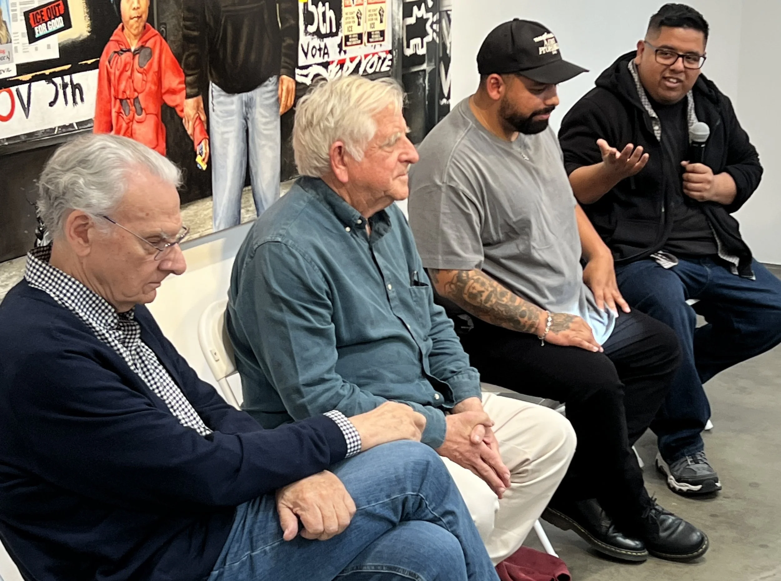 John Nava, Dan McCleary, Javier Carillo, and Victor Reyes at the speaker panel during their artist talk, 2026