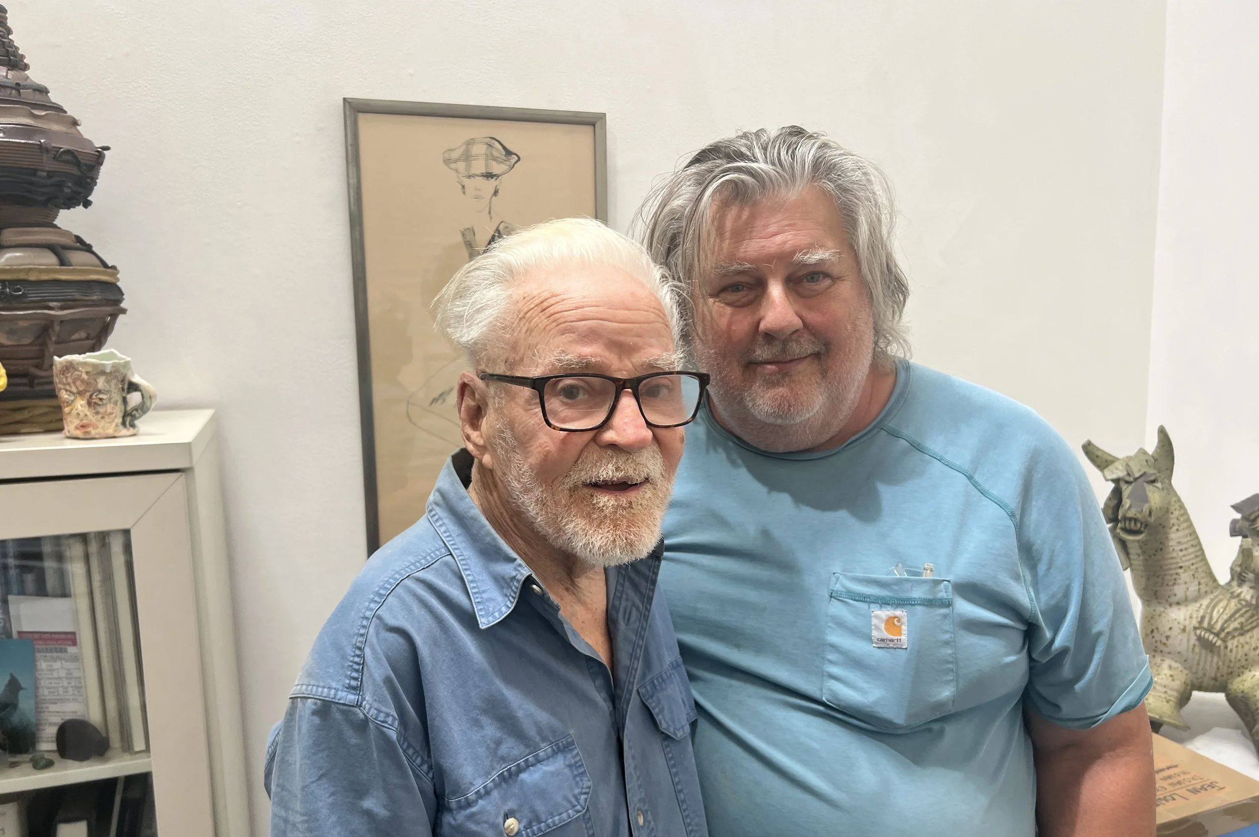 Don Bachardy with Timothy Hilton in front of one of Don's portraits, 2026