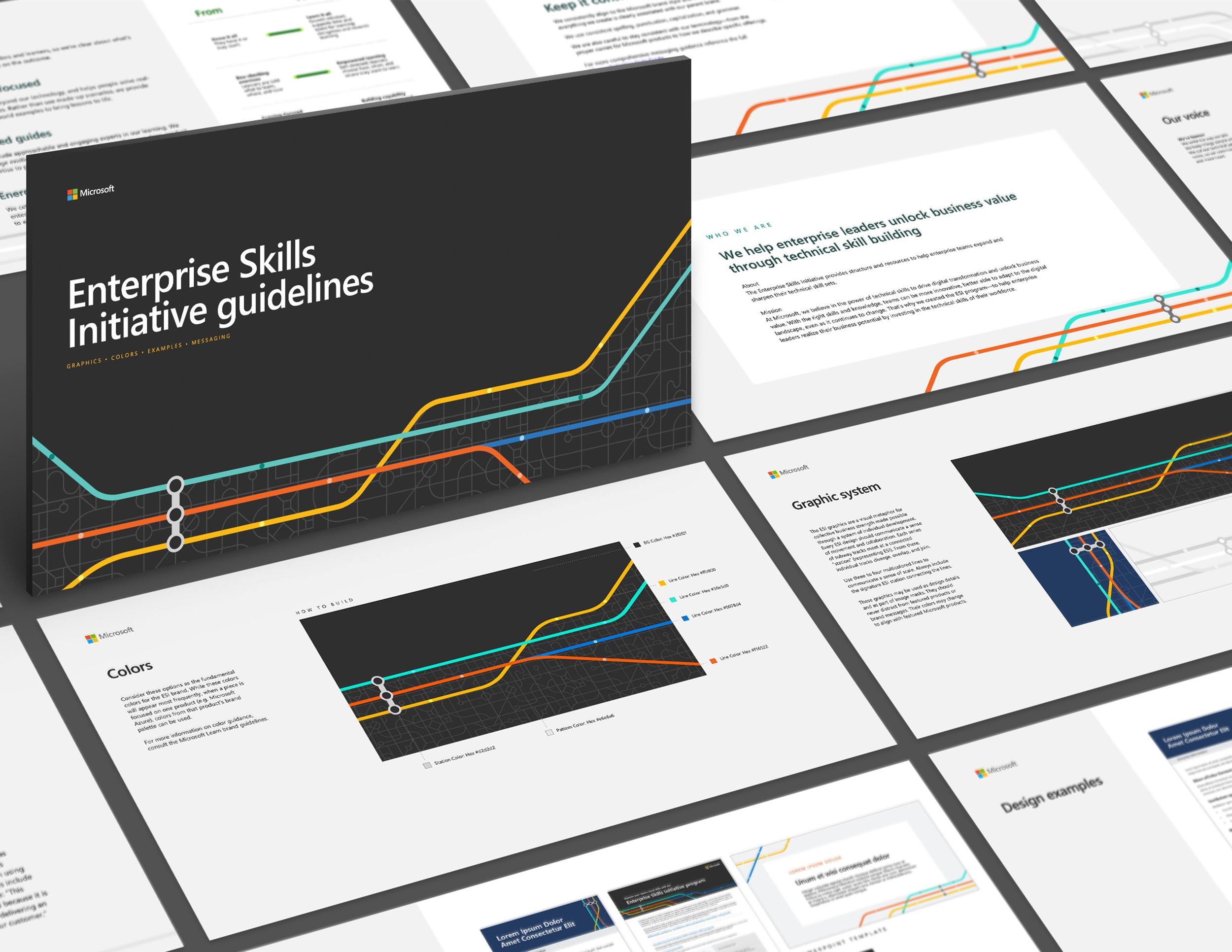 Enterprise Skills Initiative asked us to create a visual identity that was based on the Microsoft Learn parent brand, but was unique to their group. Along with art direction of the visual identity and guidelines, I worked with designers to apply them