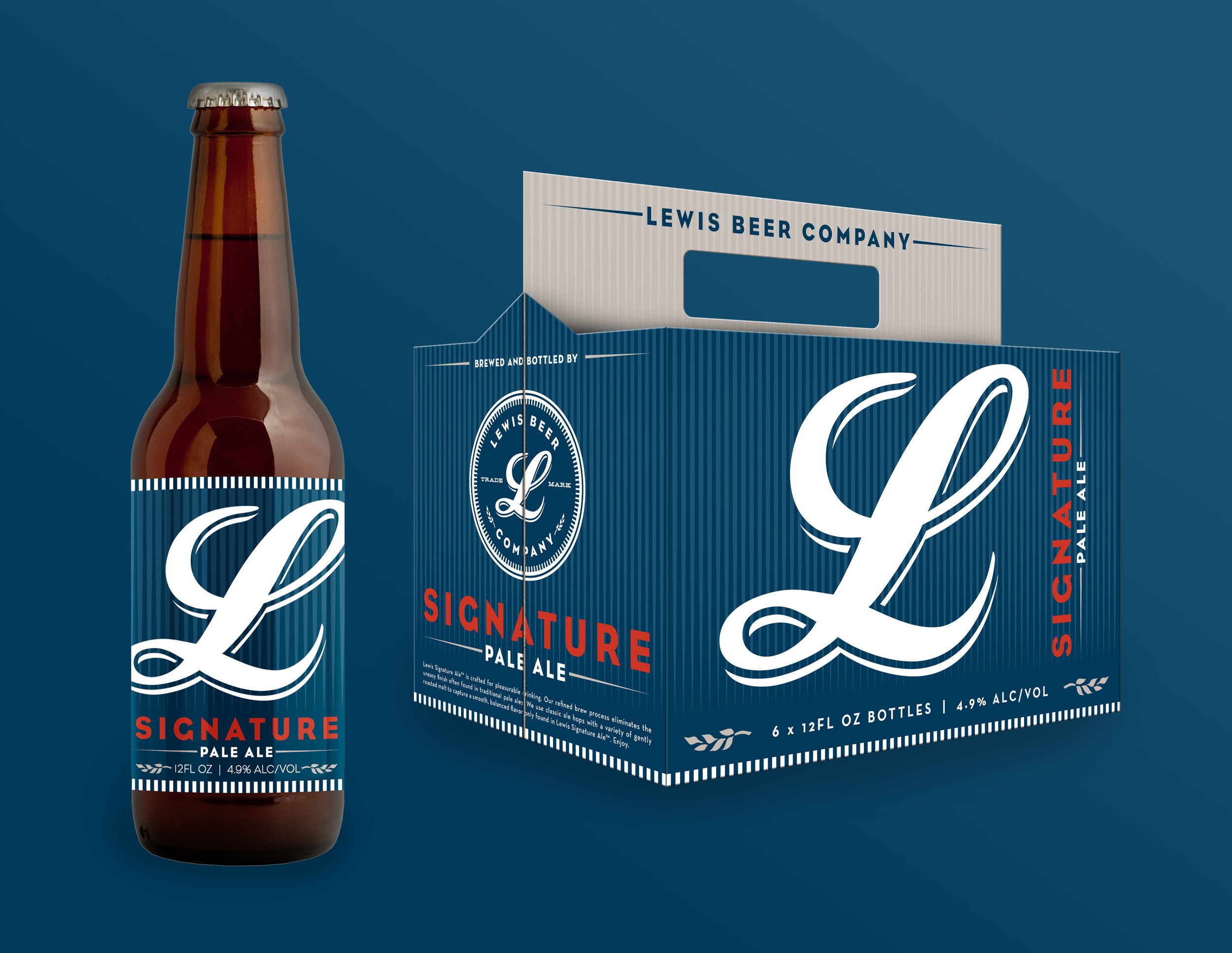 Label and packaging design for Lewis Beer Company.