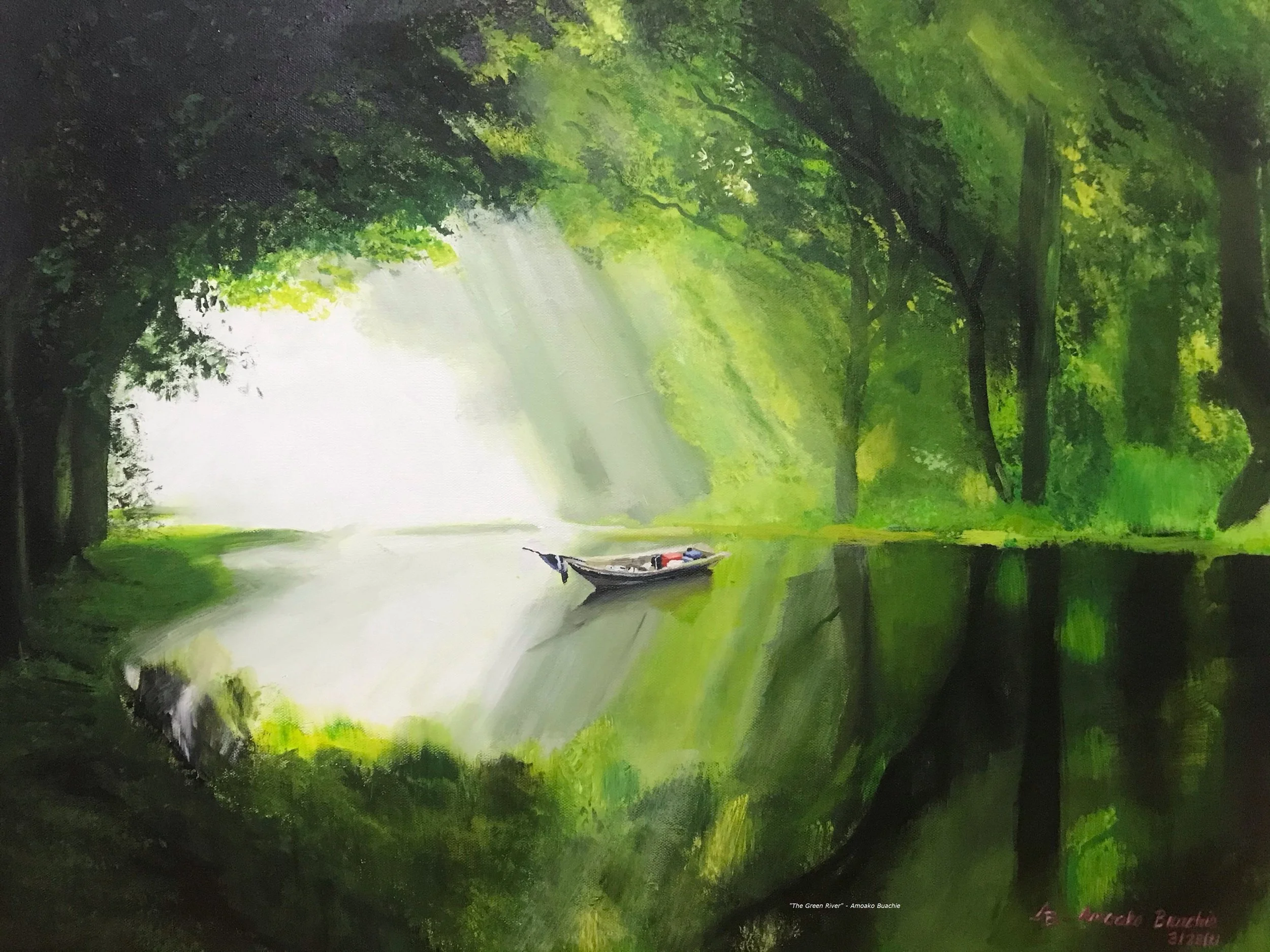 A painting by Amoako Buachie entitled "The Green River" which shows a small, white boat floating on a calm river that cuts through dense, green forest toward a foamy, white waterfall.