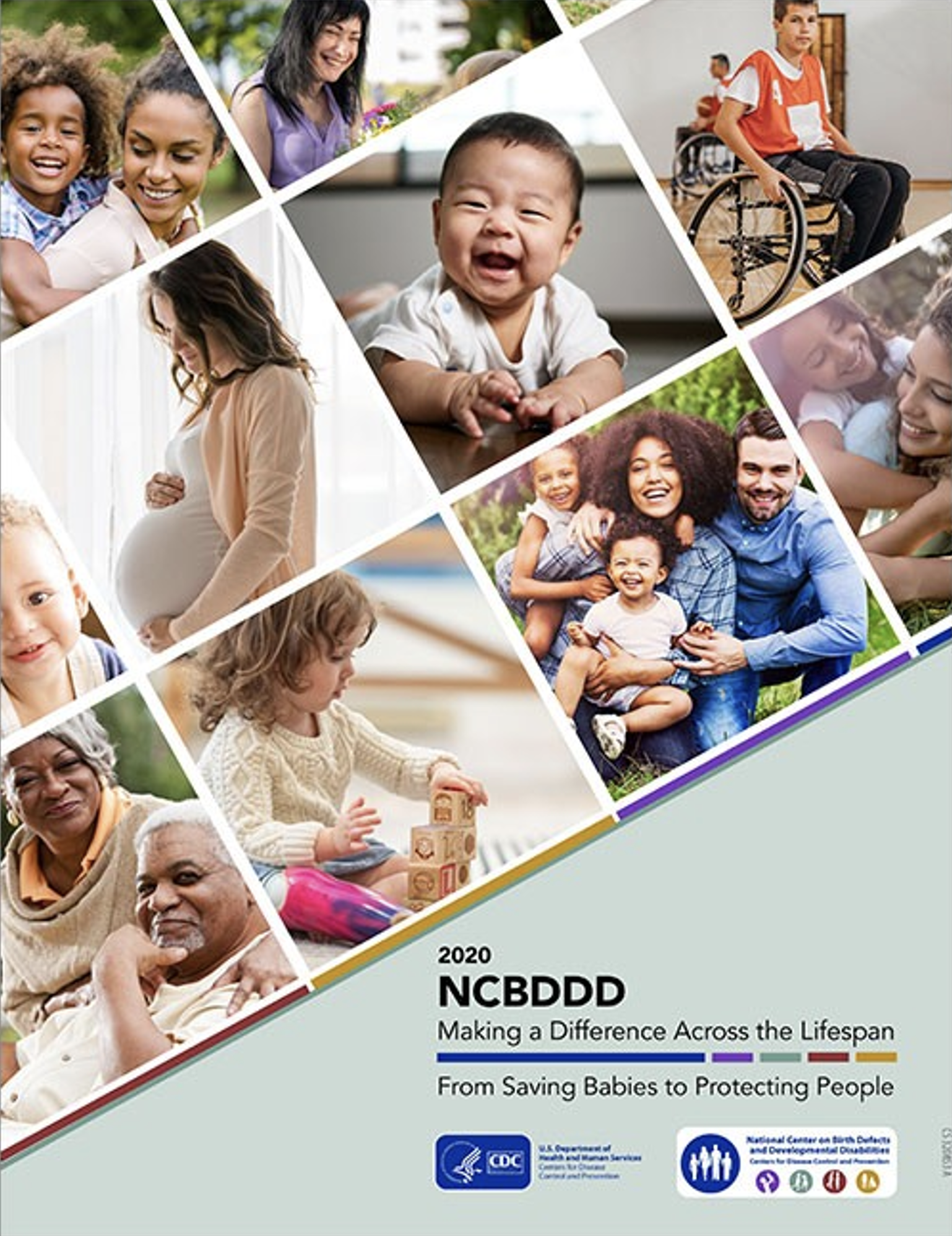 A poster from the NCBDDD featuring images of families, a pregnant woman, babies and kids
