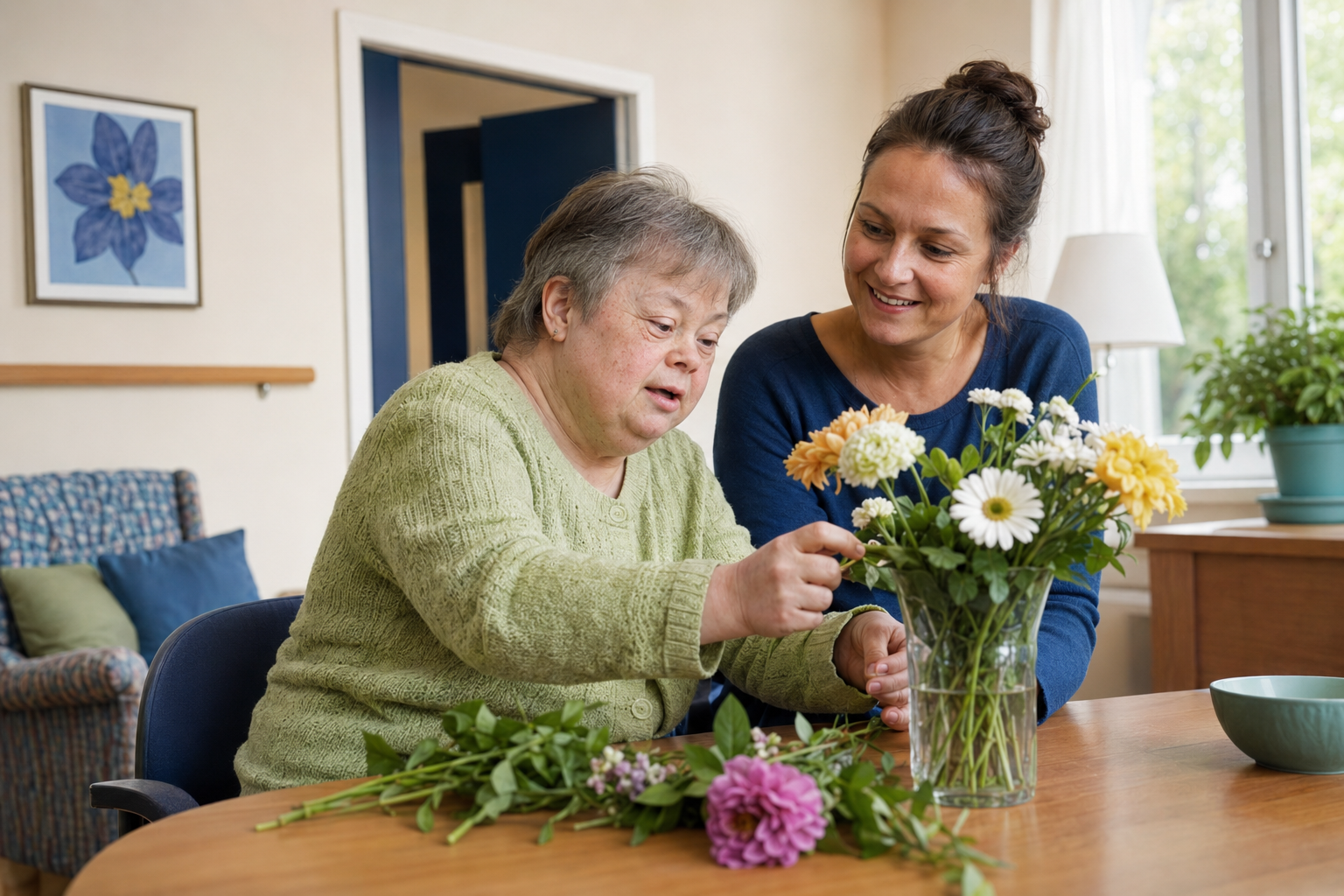 An elderly woman with IDD arranges flowers with a caregiver.
