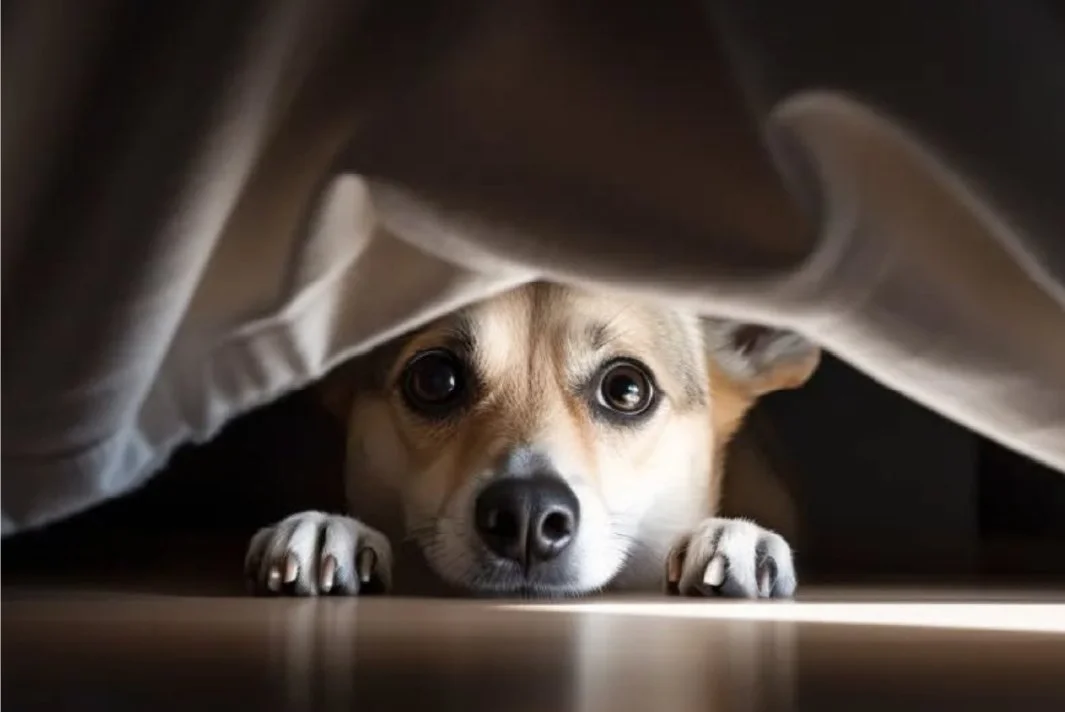 A scared dog looks out at you from under a bed, partially concealed by blankets