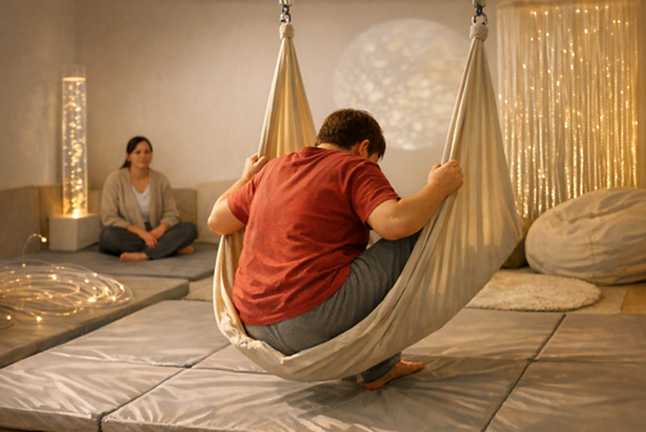 A person sits curled inside a fabric sensory swing in a softly lit multisensory room while a practitioner sits nearby observing. Cushions, fiber-optic lights, and other calming sensory elements surround the space.