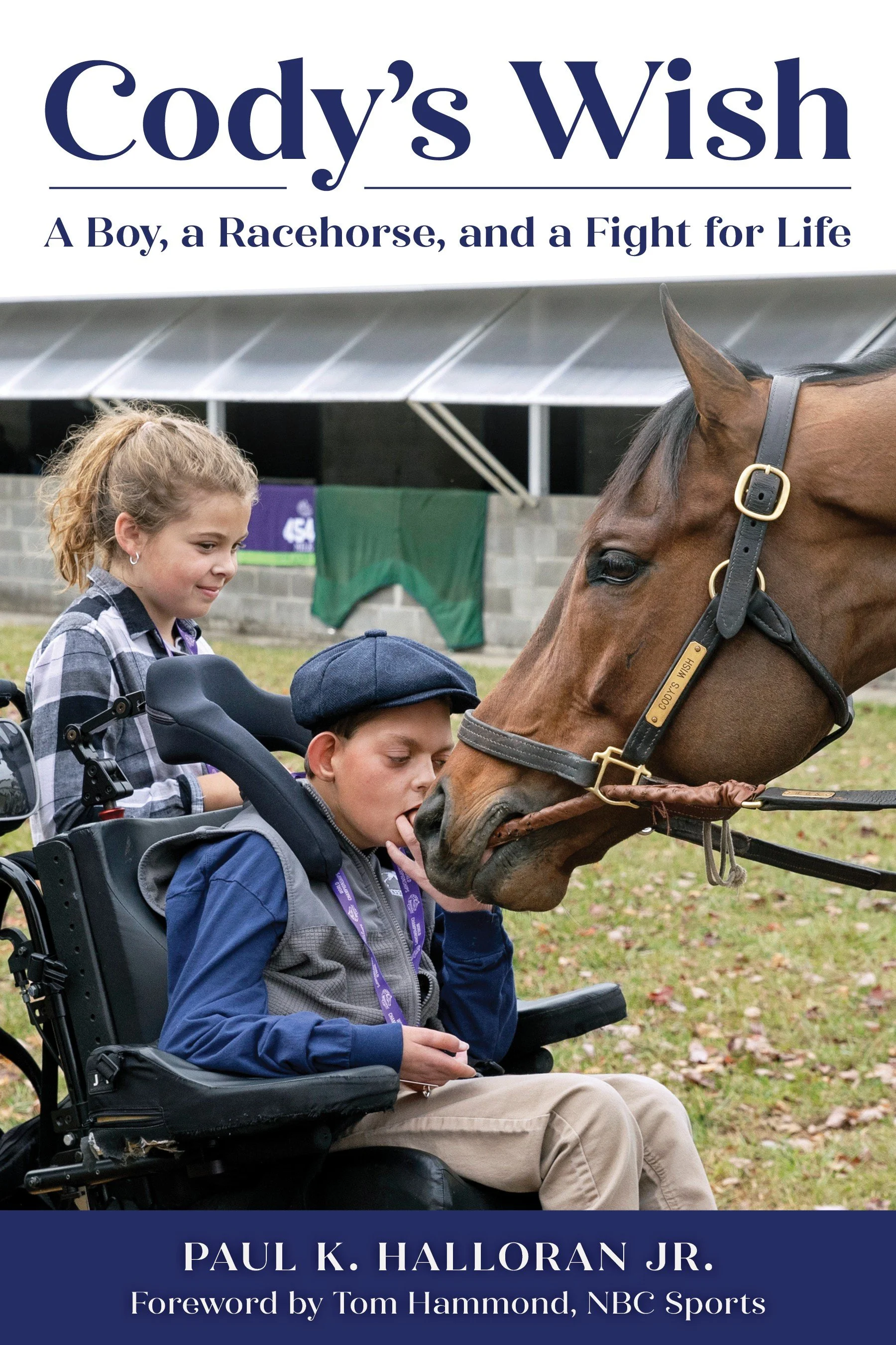The cover of the book, Cody's Wish, featuring a photo of the boy and the racehorse in the story
