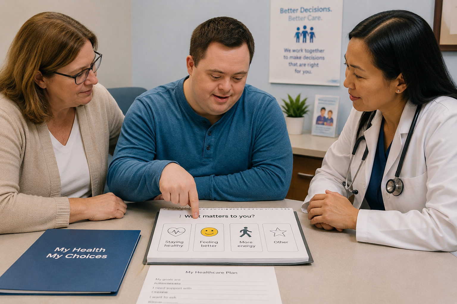 A man with Down syndrome works through his medical treatment with his doctor along with his support person