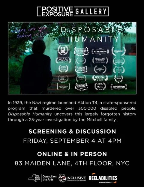 A poster for a screening of Disposable Humanity at the Positive Exposure Gallery in NYC on September 4th 2026.