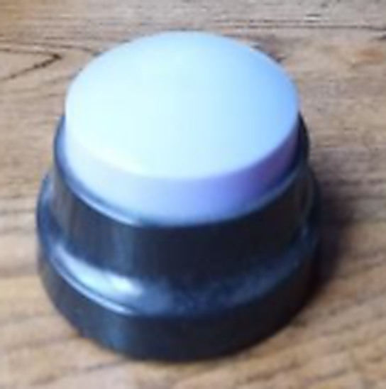 A large round push button with a pale blue-white top and black base sits on a wooden surface.