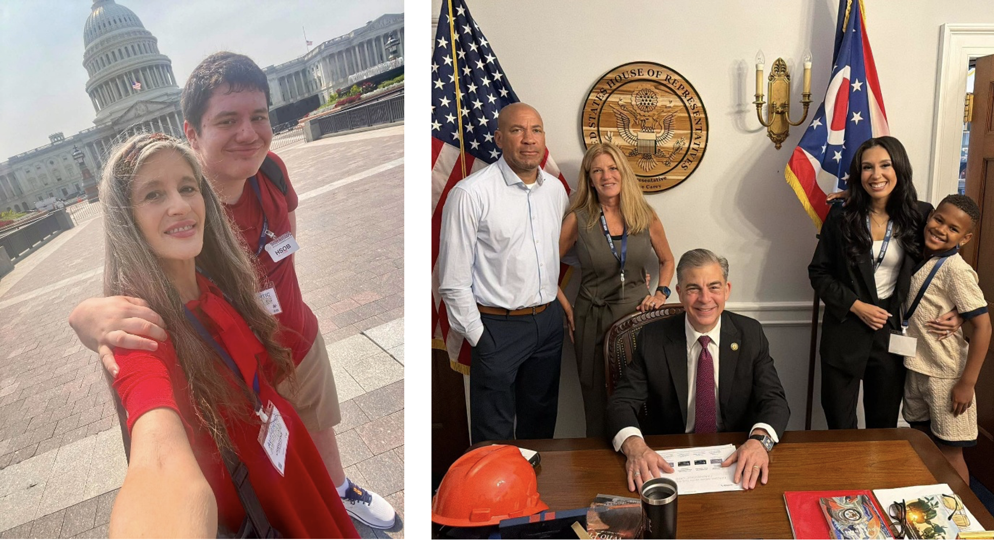 Left: 2 advocates take a selfie in front of the capital building in DC. Right: Families pose with a Congressman in his office