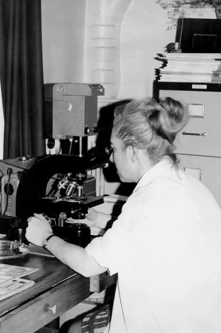 Marthe Gautier looks into a microscope.