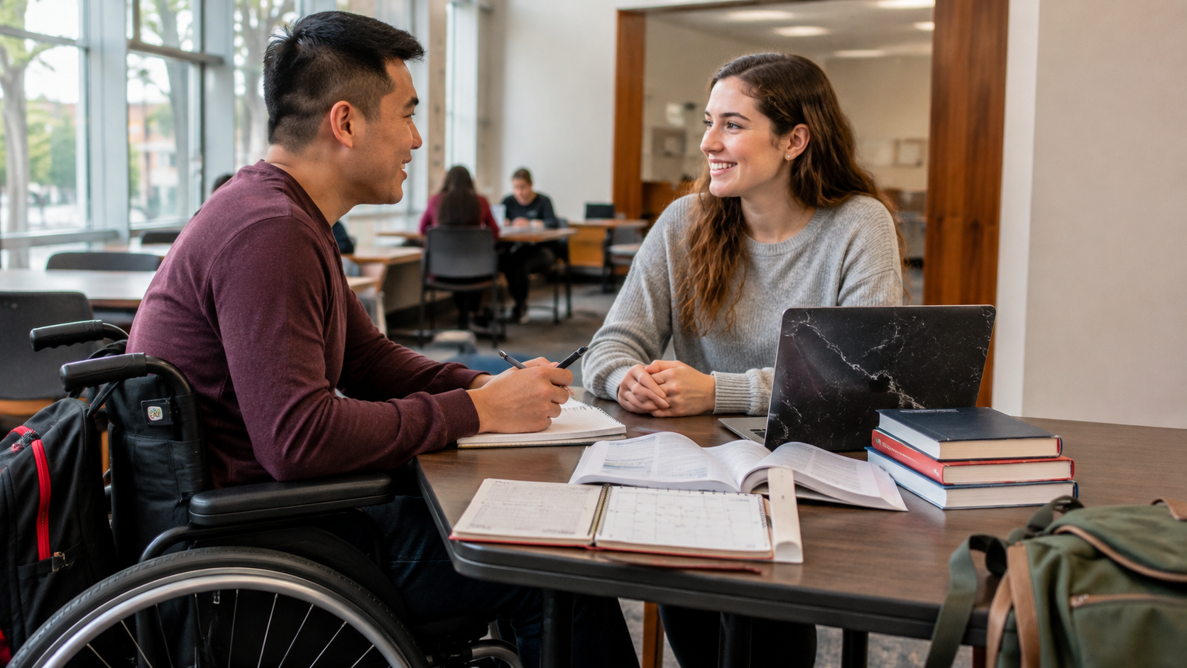 A man in a wheelchair sits at a library table with a female student with textbooks, notebooks and a laptop.