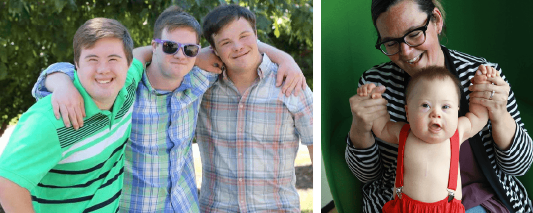 Left: 3 teen boys with Down syndrome with their arms around each other smile for the camera. Right: A happy baby boy with Down syndrome is held by his smiling mother.